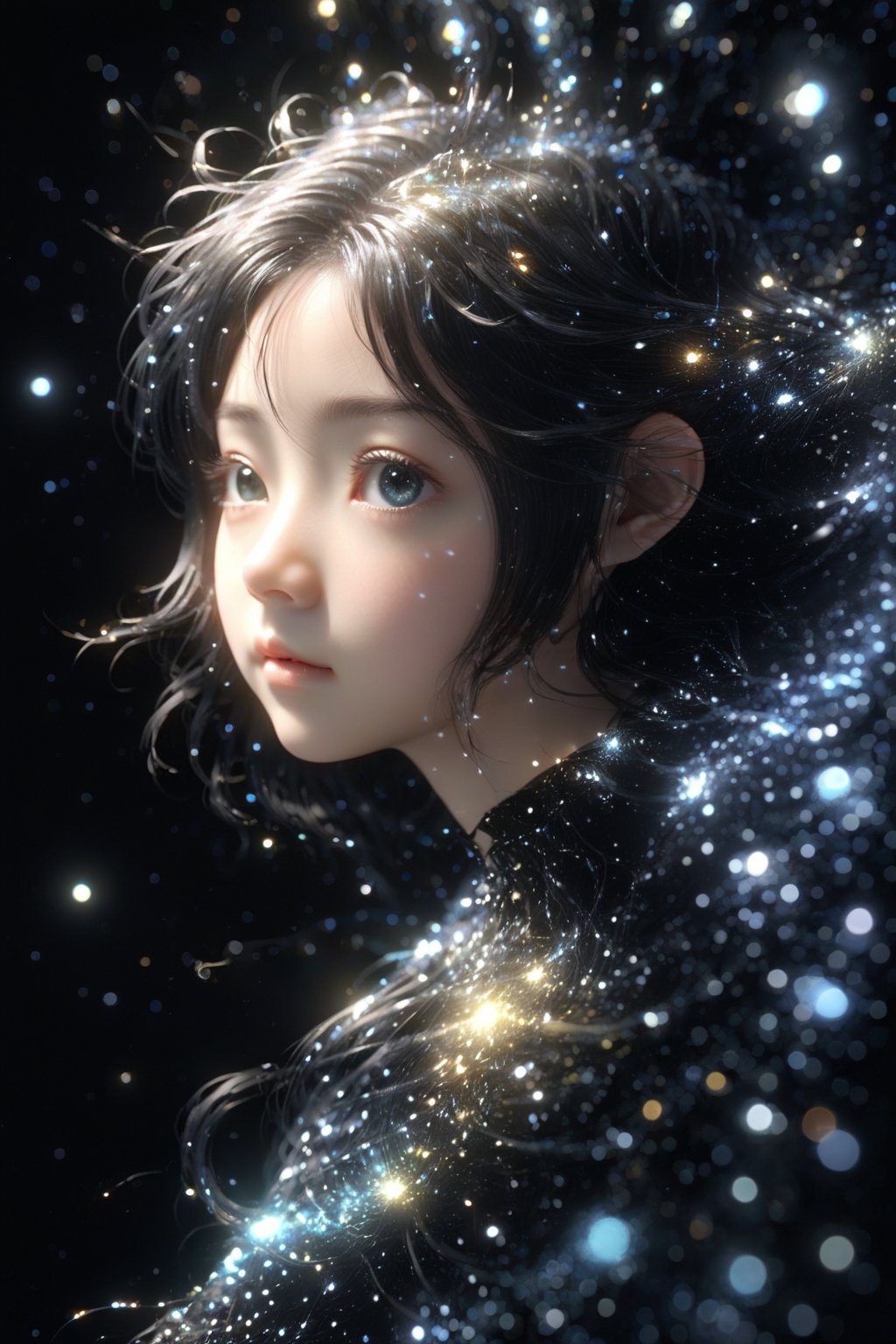 masterpiece, extremely best quality,  official art,  cg 8k wallpaper,  (Fantasy Style:1.1), (face focus,  cute,  masterpiece,  best quality,  1girl,  black background,  solo,  standing,  pixiv:1), 3d,  looking up,  light particle,  highly detailed,  best lighting,  pixiv,  depth of field,  (beautiful face),  fine water surface,  incredibly detailed,  (an extremely  beautiful),  (best quality),yua_mikami,Sci-fi 