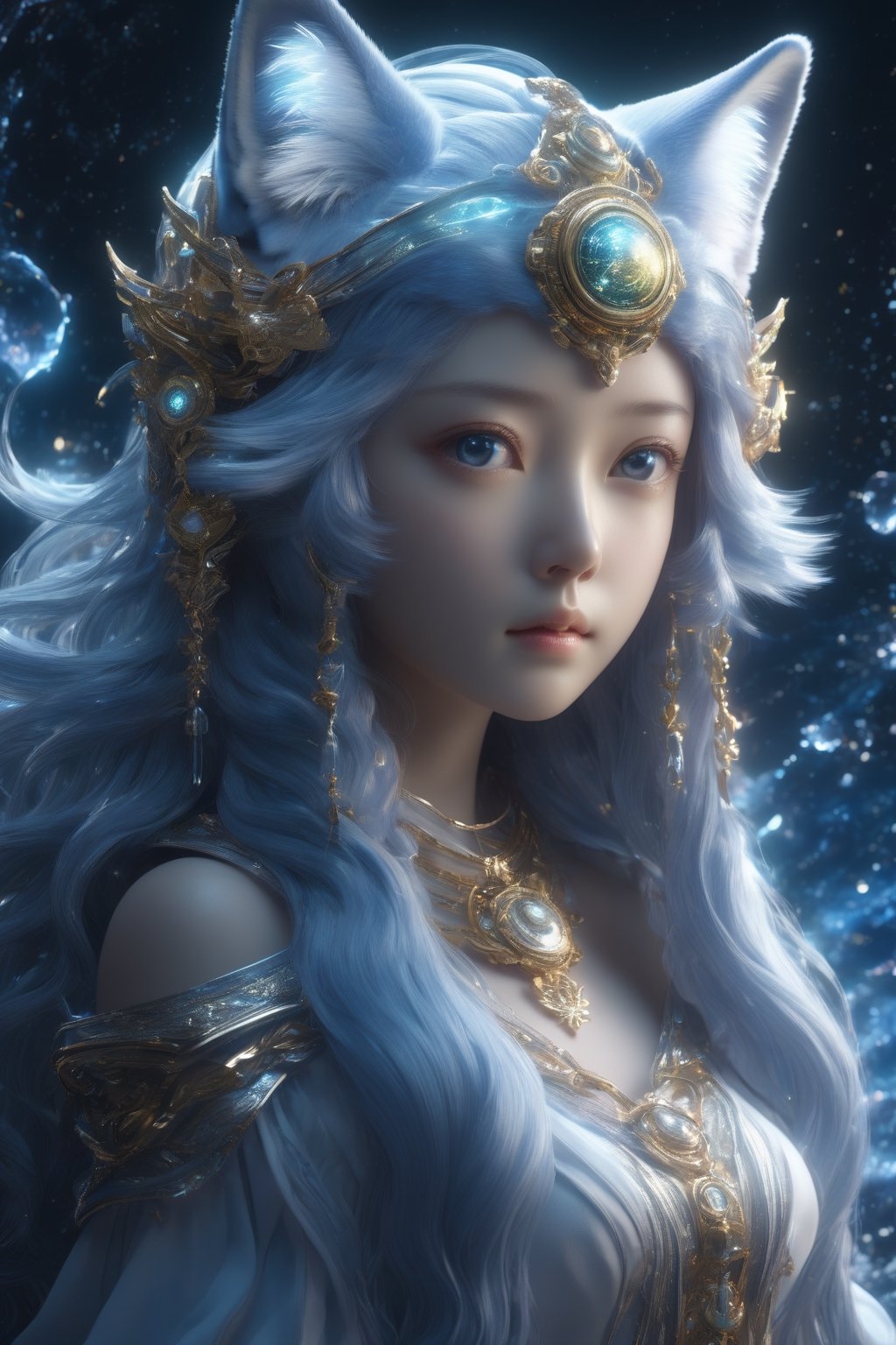 masterpiece, extremely best quality,  official art,  cg 8k wallpaper,  (Fantasy Style:1.1), (face focus,  cute,  masterpiece,  best quality,  1girl,  black background,  solo,  standing,  pixiv:1), 3d,  looking up,  light particle,  highly detailed,  best lighting,  pixiv,  depth of field,  (beautiful face),  fine water surface,  incredibly detailed,  (an extremely  beautiful),  (best quality),yua_mikami,Sci-fi ,pturbo,F41Arm0rXL ,Spirit Fox Pendant,composed of elements of thunder锛宼hunder锛宔lectricity,Travel,Renaissance Sci-Fi Fantasy