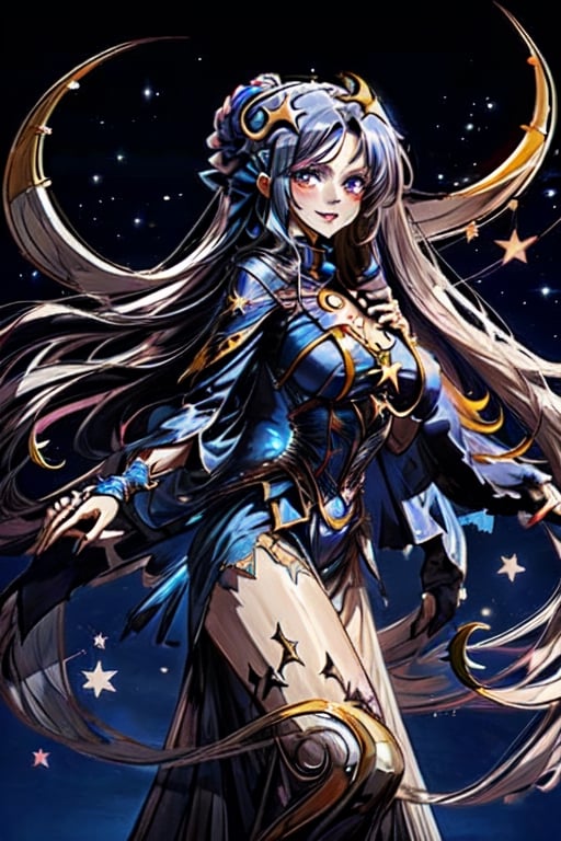 a woman with a crescent in her hair a night sky background with stars, swirls in the background, a crescent in the sky,horror,outfit-km,FFIXBG,glitter