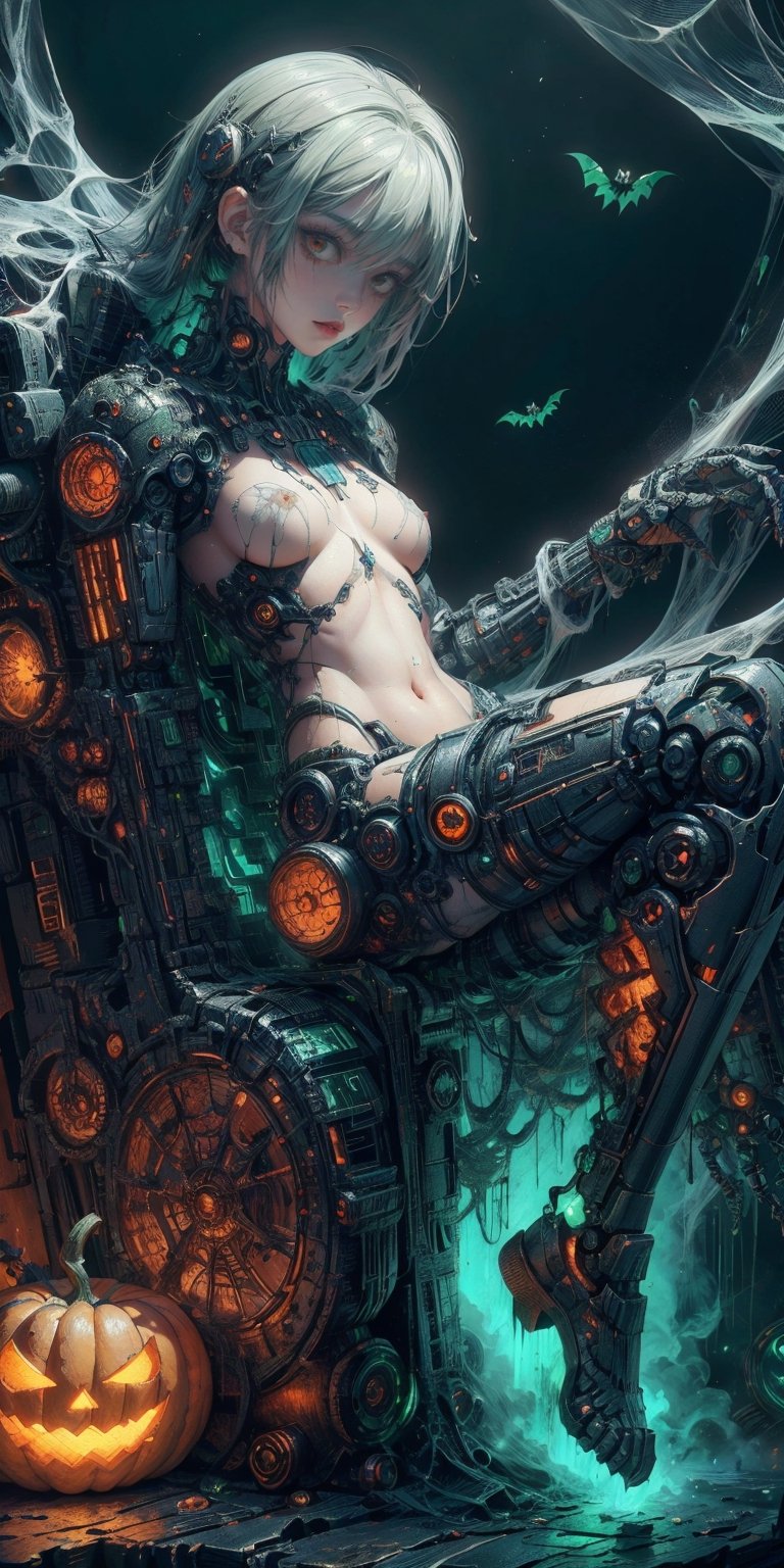 High detailed, (xx)1girl, masterpiece, best quality, 8K, highres, absurdres:1.2, masterpiece, best quality, ultra-detailed, illustration,halloweentech ,1 girl, scifi,supernatural green, mummy, fitness,scifi,mummy costume,spooky,topless, thin body, slim body, full body, grey hair, tiny boobs, flat chest, flat breasts,robot punk with arms, ride on punk, craft, detail feet, perfect quality, view from above, detail hands, detail fingers, nude, no_clothes, thin lips, floating_punks