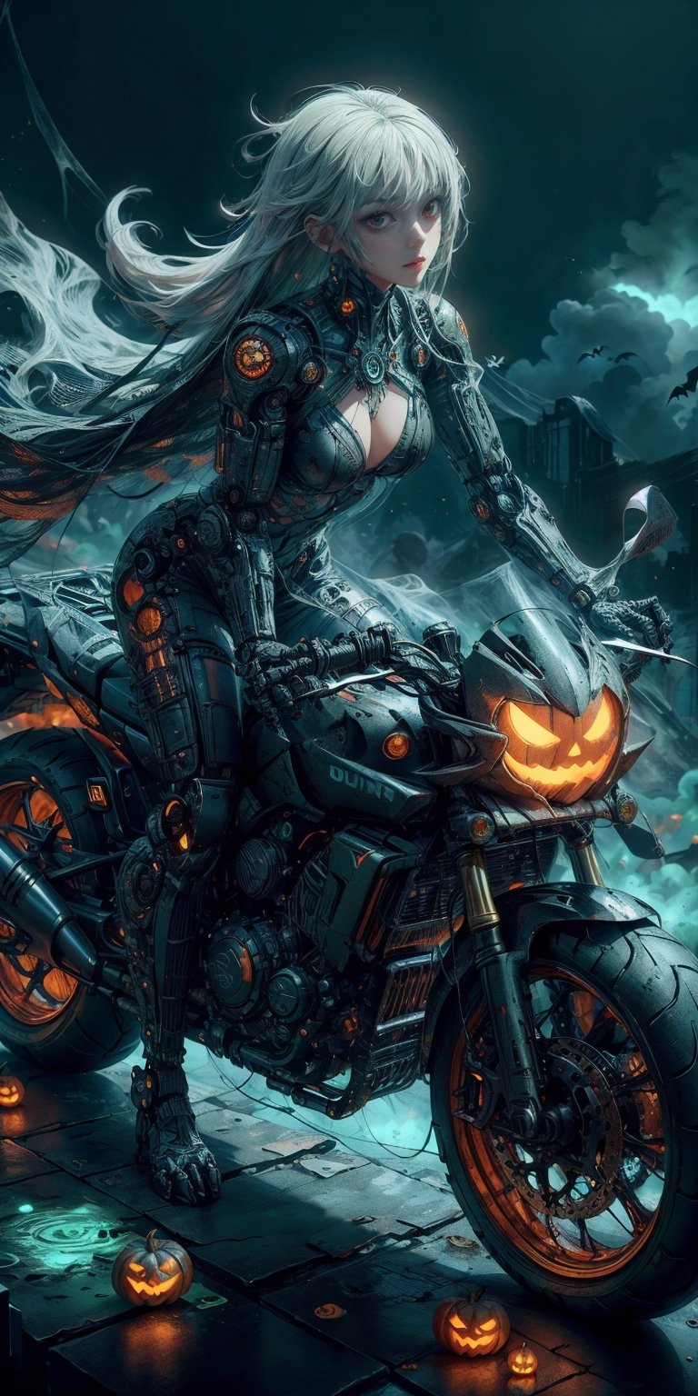 High detailed, (xx)1girl, masterpiece, best quality, 8K, highres, absurdres:1.2, masterpiece, best quality, ultra-detailed, illustration,halloweentech ,1 girl, scifi,supernatural green, mummy, fitness,scifi,mummy costume,spooky,topless, thin body, slim body, full body, grey hair, tiny boobs, flat chest, flat breasts,robot punk with arms, ride on punk, motorbike, craft, detail feet, perfect quality, view from above, detail hands, detail fingers, nude, no_clothes, thin lips, floating_punks