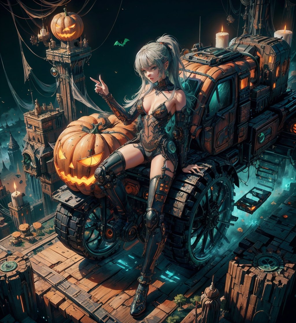 High detailed, (xx)1girl, masterpiece, best quality, 8K, highres, absurdres:1.2, masterpiece, best quality, ultra-detailed, illustration,halloweentech ,1 girl, scifi,supernatural green, mummy, fitness,scifi,mummy costume,spooky,topless, full body, grey hair, tiny boobs, flat chest, robot bike, motorbike, warcraft, steampunk,detail feet, perfect quality, view from above, detail hands, detail fingers, thin lips, motor truck, steam, gas, 