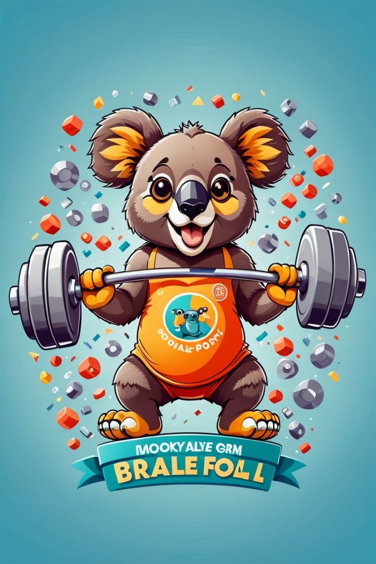 2d flat design deaturing a koala lifting a massive dumbell with  text "koality gym" text, in isolated on a white background,Text,tshirt design