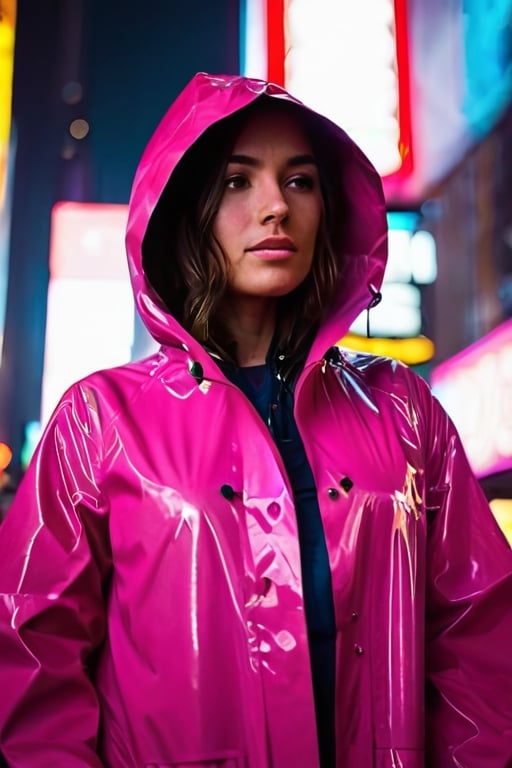 Ultra-high resolution, cinematic lighting,Woman wearing pink raincoat in Times Square, mexican, neon photography style,neon photography style