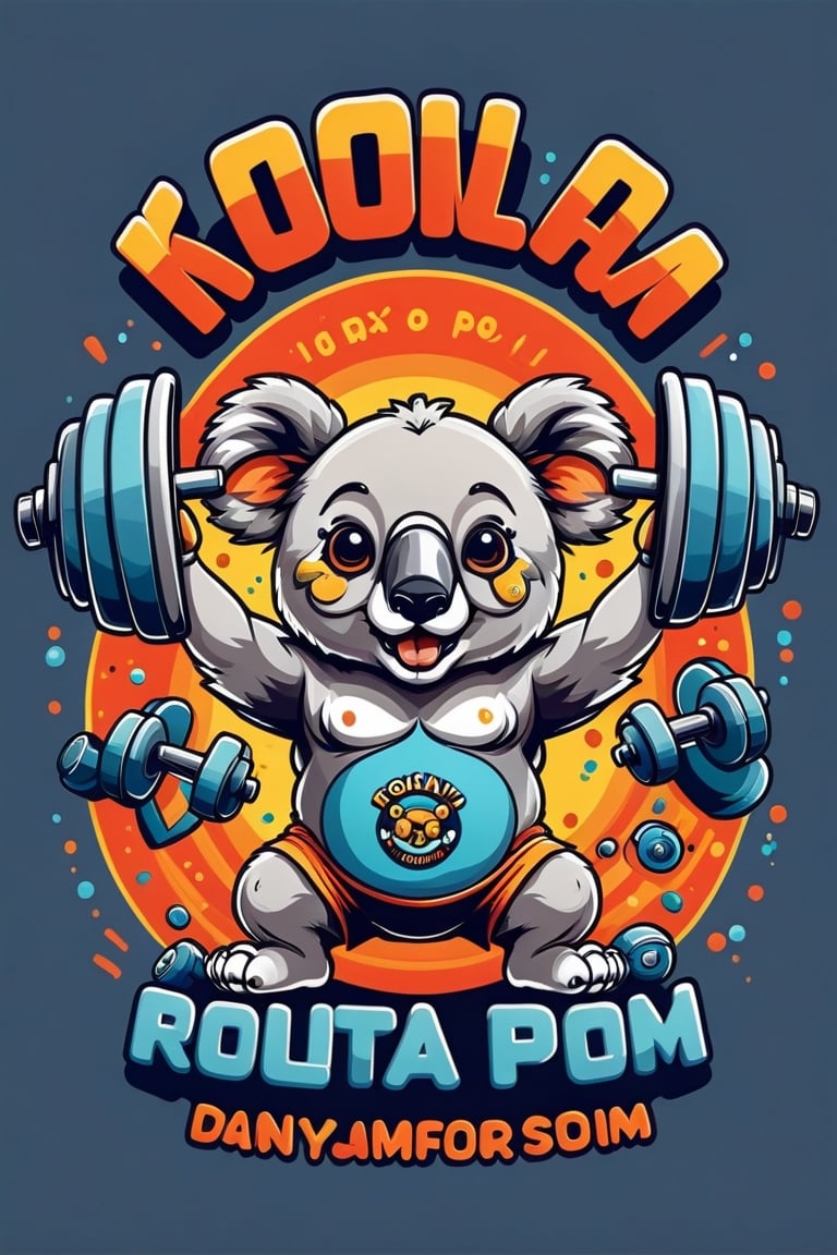 2d flat design deaturing a koala lifting a massive dumbell with  text "koality gym" text, in isolated on a white background,Text,tshirt design