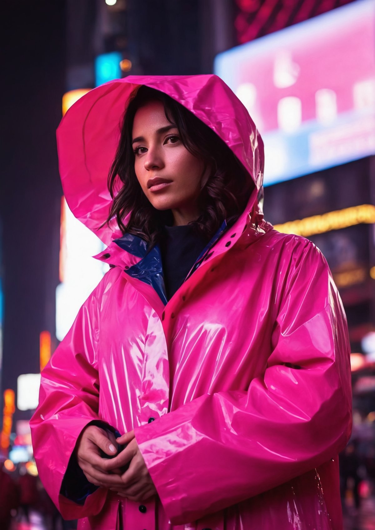 Ultra-high resolution, cinematic lighting,Woman wearing pink raincoat in Times Square, mexican, neon photography style