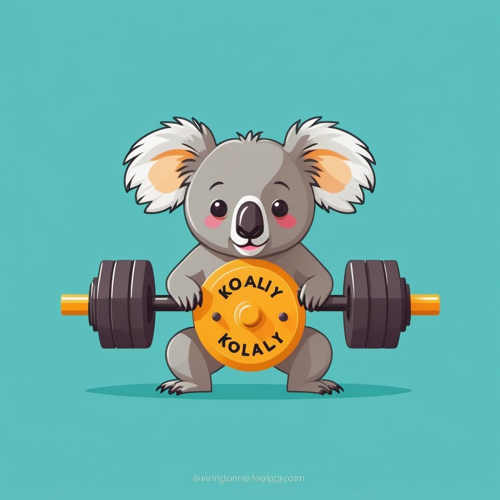 2d flat design deaturing a koala lifting a massive dumbell with  text "koality gym" text, in isolated on a white background,Text