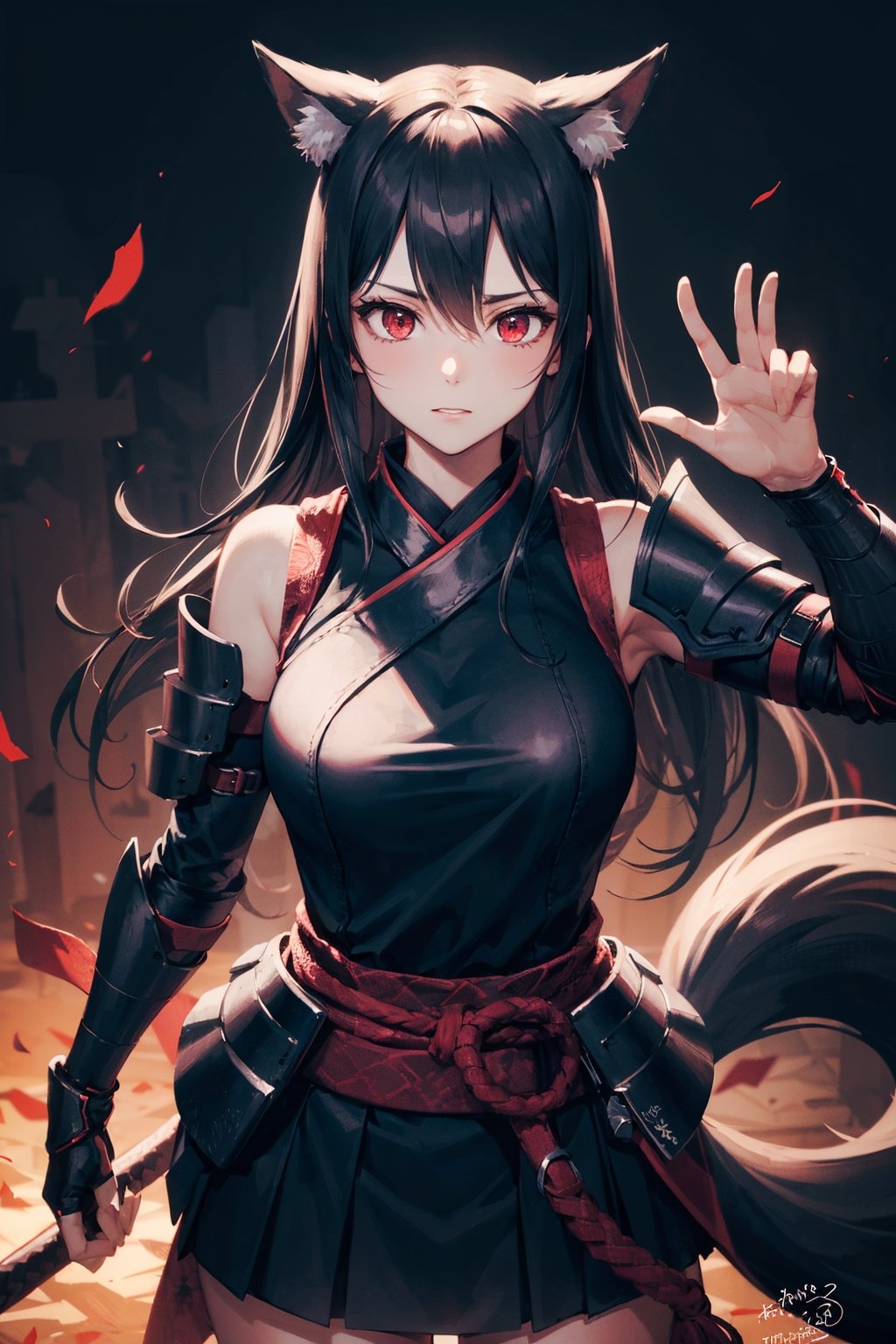 (dinamic pose), (face of a 26 year old girl, body of a 26 year old girl), crimson red eyes, female ninja, armor, skirt, horror style, area lighting, black_kitsune