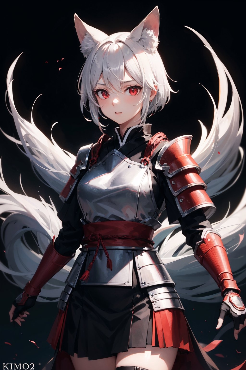 (dinamic pose), (face of a 26 year old girl, body of a 26 year old girl), crimson red eyes, female samurai, armor, skirt, horror style, area lighting, black_kitsune