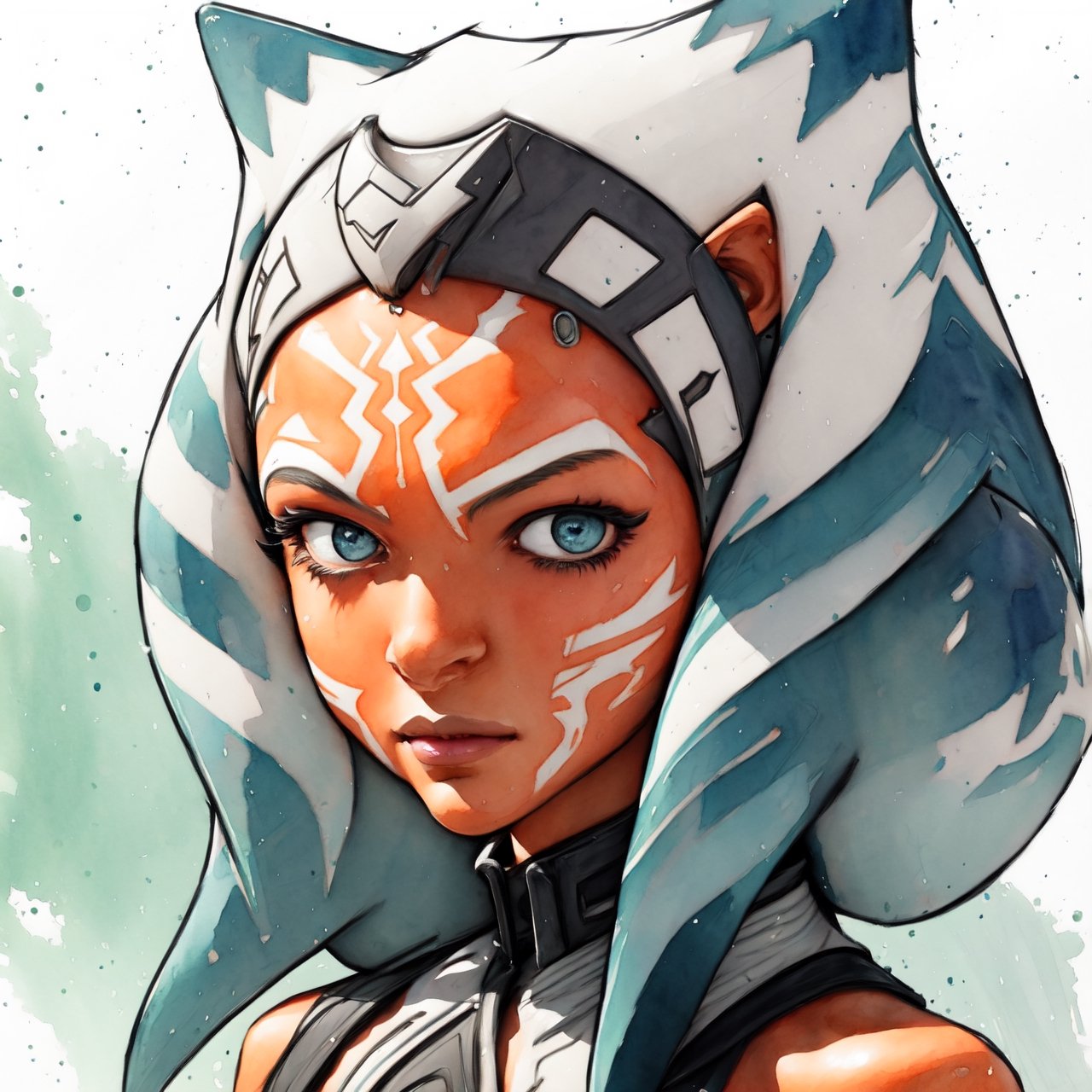 Ahsoka Tano, looking over her shoulder at viewer, 
ahsoka_tano, orange skin, tattoo

 1girl, solo, portrait of beautiful Ahsoka Tano


digital illustration, approaching perfection, dynamic, highly detailed, watercolor painting, artstation, concept art, sharp focus, in the style of artists like Russ Mills, Sakimichan, Wlop, Loish, Artgerm, Darek Zabrocki, and Jean-Baptiste Monge,v0ng44g

,(watercolor),