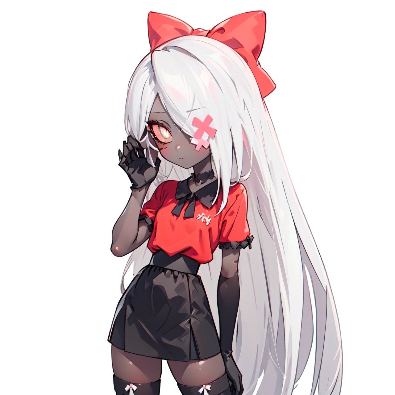 (Vaggie:1.0), (Hotel Outfit), (red shirt, black skirt, stockings, gloves, hair bow), (pastel-pink sclera, black pupil, grey skin, white hair, long hair, hair bow:1.2), (white background:1.5), (realistic:1.2), (masterpiece:1.2), (full-body-shot:1),(Cowboy-shot:1.2), neon lighting, dark romantic lighting, (highly detailed:1.2),(detailed face:1.2), (gradients), colorful, detailed eyes, (detailed landscape:1.2), (natural lighting:1.2), (cute pose:1.2), (solo, one person, 1girl:1.5), standing,    
