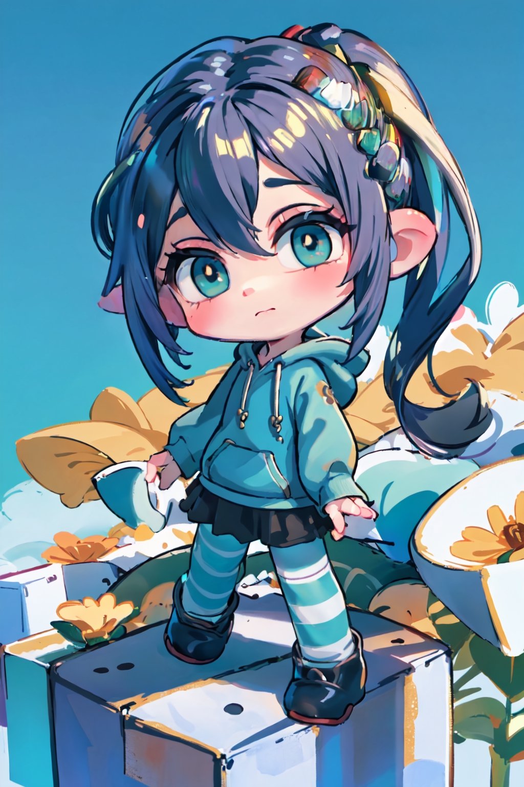 (best quality:1.2), (hyper detailed),
(chibi:1.5),
(nahida:1.5)
1girl, solo, full body, standing, closed mouth, looking at viewer, Black hair, teal hoodie, teal leggings with white stripes, black skirt