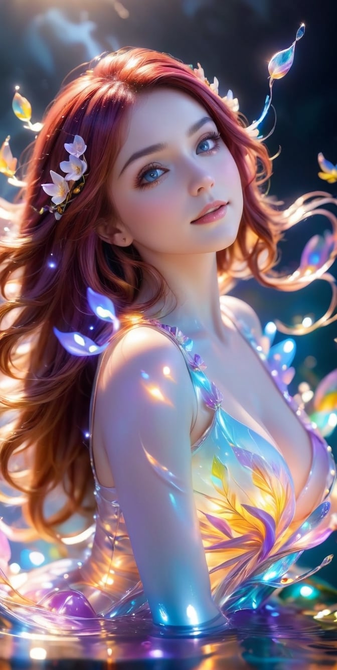 Medium full shot ,4k,best quality,masterpiece,1 American girl, 1 girl,(red hair,streaked hair, long hair, hime cut,), a luminous transparent bioluminescent multidimensional entity, delicate lilac flower branch, lilac fairy, super transparent, divine light, beautiful spectrum light, petal sparkle, flashing, dark background, transparent light drops, reflected light, bright, light flowing, optical , portrait profile, sharp focus, magical, complex, ultra-realistic, bewitching, sexy, erotic, beautiful face, detailed and perfect face, detailed and beautiful eyes, even eyes, perfect proportions, huge breasts, thin waist, navel, big butt, crotch gap, sexy thighs, random pose, dynamic angle, fantasy, composition, light, art station trend, pearl, silver vapor patronus cloud, corrosive enveloping ray family,, smile,(oil shiny skin:1.5), (big_boobs:1.2), willowy, chiseled, (hunky:2.6),(( body rotation 120 degree)), (perfect anatomy, prefecthand, dress, long fingers, 4 fingers, 1 thumb), 9 head body lenth, dynamic sexy pose, breast apart, (artistic pose of awoman),GARTERBELT,smoke on the water,xxmix_girl