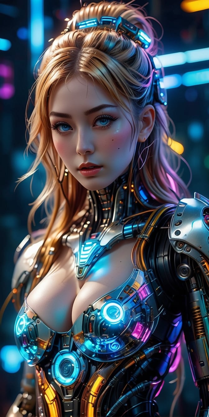 Medium shot,4k,best quality,masterpiece,1 American girl, 1 girl,(blond hair,streaked hair, long hair, streaked hair, hair wings, wavy hair, swept bangs), ultra detailed digital art masterpiece, full body shot, cute cyborg cyberpunk woman, messy ginger hair, freckles, pointed chin, cute round face, full lips, blush nose and cheeks, aquarium, robotic futuristic clothing, glossy, intricate eye makeup, Mysterious, long hair gothic cyberpunk volumetric lighting, cinematic lighting, bokeh, neon lights, vibrant colours, high contrast, shadows, highly detailed face, perfect facial proportions, beautiful eyes, breathtaking beauty, pure perfection, trending on cgsociety, trending on artstation, by Artgerm, Greg Rutkowski, photorealistic, smile,(oil shiny skin:1.5), (big_boobs:2.5), willowy, chiseled, (hunky:2.6),(( body rotation 120 degree)), (perfect anatomy, prefecthand, dress, long fingers, 4 fingers, 1 thumb), 9 head body lenth, dynamic sexy pose, breast apart, (artistic pose of awoman),photo r3al,BugCraft,steampunk style,steampunk,Cyberpunk geisha