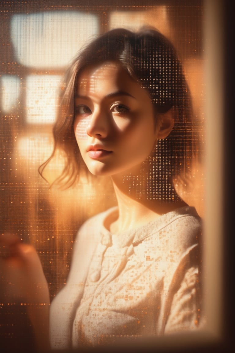 Dappled Light, photo , A canvas of code and creativity, bits and brushes unite, unveiling the AI's essence in a self-portrait beyond pixels.,  dreamy magical atmosphere, (skin texture), (film grain), (warm hue, warm tone),  cinematic light, side lighting,