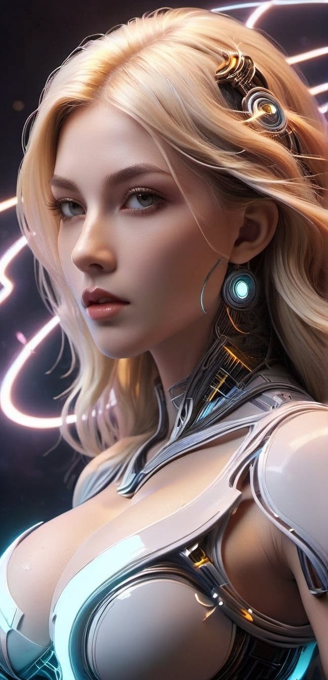  medium full shot ,Get lost in the mesmerizing world of this electric circuit-inspired prompt. A powerful blonde-American woman's face, crafted with visionary art, is illuminated by electric sparks. Her symmetrical features and intense expression give off a sci-fi feel, while the ultra-detailed rendering and psychedelic colors add a touch of otherworldly beauty,smile, (oil shiny skin:1.0), (big_boobs:2.8), willowy, chiseled, (hunky:2.4),(( body rotation -35 degree)), (medium full shot),(perfect anatomy, prefecthand, dress, long fingers, 4 fingers, 1 thumb), 9 head body lenth, dynamic sexy pose, breast apart, (artistic pose of awoman),chrometech,surface imperfections,steampunk,bubbleGL,neotech,ste4mpunk,DonMM00m13sXL,glowing,scifi,NIJI STYLE,ral-3dwvz,DonMASKTexXL ,Flower Blindfold,NYFlowerGirl,DonMChr0m4t3rr4XL 