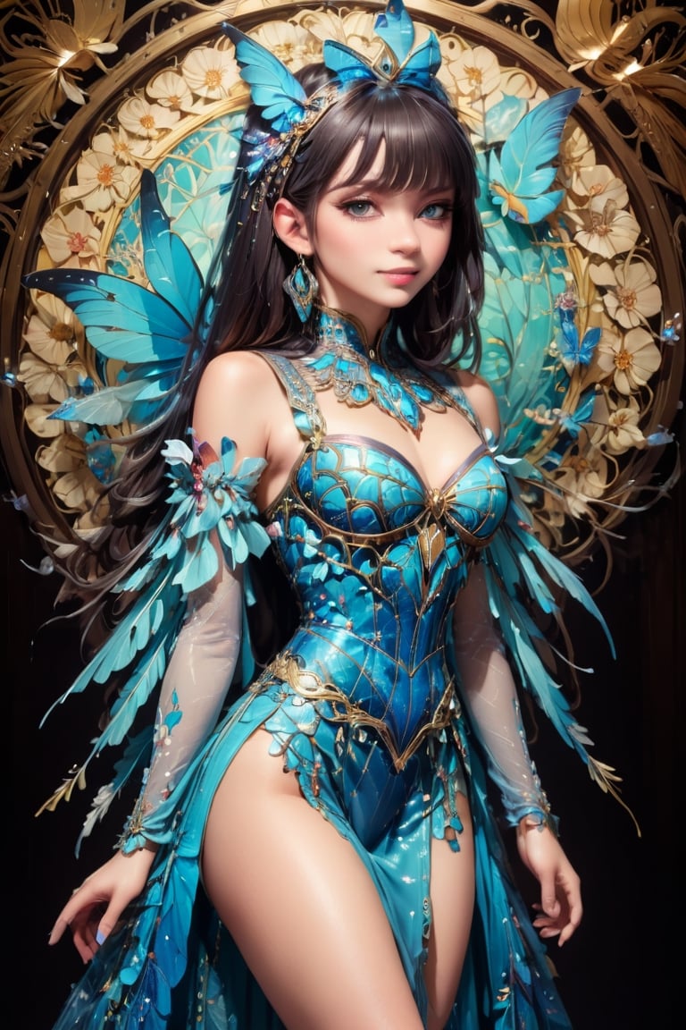 8k, (absurdres, highres, ultra detailed),1LADY. light blue butterfly (transparent, luminous), different world letters, pastel colors, fantasy world, Art Nouveau, Alphonse Mucha,szhf dress, smile, (oil shiny skin:1.2), (big breast:1.3), (perfect anatomy, prefecthand, dress, long fingers, 4 fingers, 1 thumb), 9 head body lenth, dynamic sexy pose, breast apart, (upper body:0.8), looking at viewer, (viewed_from_side:2),Enhanced All,photo r3al,more detail XL