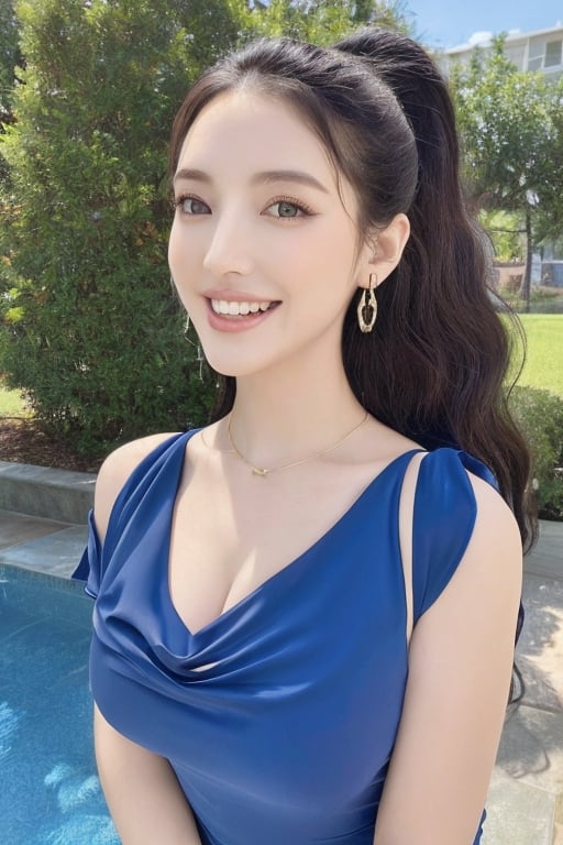 (Best quality, 8k, 32k, Masterpiece, Photorealism, UHD:1.2),Photo of Pretty Korean woman, early-twenty, (medium dark brown ponytail), double eyelids, glossy plump lips, curvy figure, long-legged, pale skin, necklace with tiny charm, blue sheer chiffon short sleeve floral loose long dress, transparent fabric, pumps heels, outdoor, voluminous lighting, sharp focus, stunning, alluring face, enchanting smile, look at viewer, from front below, knees focus, ray tracing, detailed details,masterpiece,angelawhite,More Detail,1 girl, smile, (oil shiny skin:1.2), (middle breast:1.1), (4 fingers, 1 thumb), breast apart, (upper body:1.3), looking at viewer, male_pov,epiC35mm,rayen dress