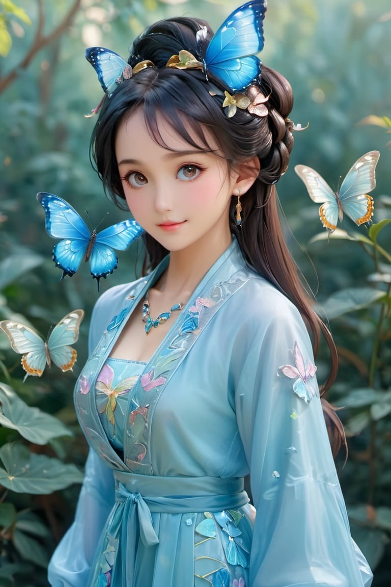 8k, (absurdres, highres, ultra detailed),1LADY. light blue butterfly (transparent, luminous), different world letters, pastel colors, fantasy world, Art Nouveau, Alphonse Mucha,szhf dress, smile, (oil shiny skin:1.2), (big breast:1.3), (perfect anatomy, prefecthand, dress, long fingers, 4 fingers, 1 thumb), 9 head body lenth, dynamic sexy pose, breast apart, (upper body:0.8), looking at viewer, (viewed_from_side:1.2),