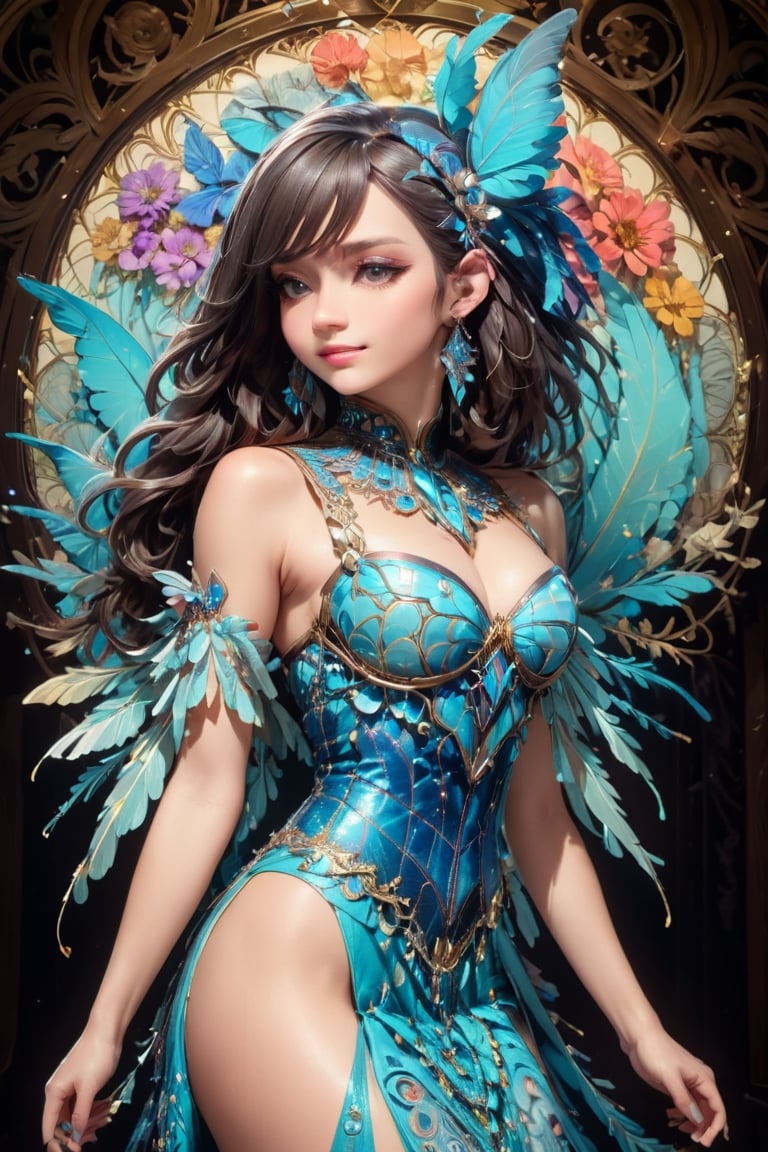 8k, (absurdres, highres, ultra detailed),1LADY. light blue butterfly (transparent, luminous), different world letters, pastel colors, fantasy world, Art Nouveau, Alphonse Mucha,szhf dress, smile, (oil shiny skin:1.2), (big breast:1.3), (perfect anatomy, prefecthand, dress, long fingers, 4 fingers, 1 thumb), 9 head body lenth, dynamic sexy pose, breast apart, (upper body:0.8), looking at viewer, (viewed_from_side:1.7),Enhanced All,photo r3al,more detail XL