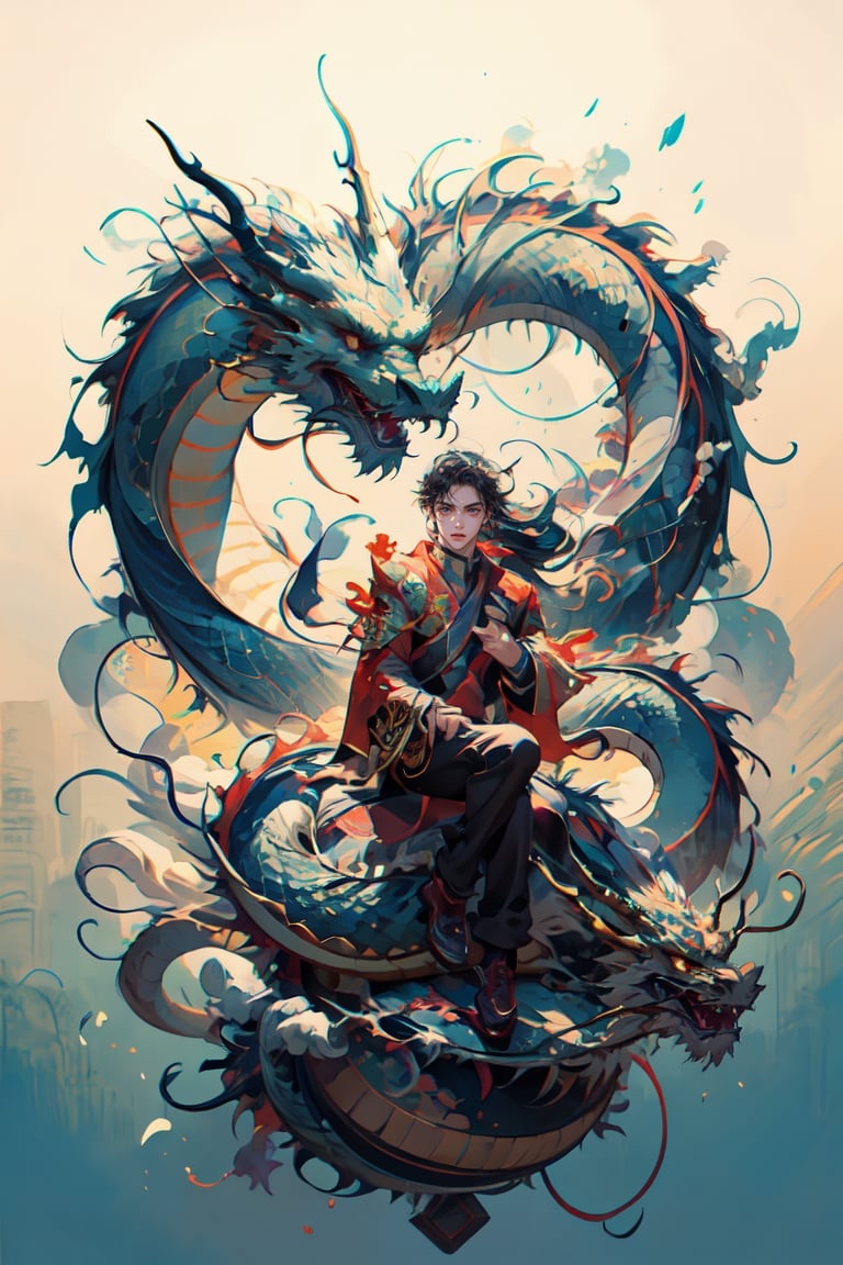 dragon venus,  1boy, solo, long hair, closed mouth, full body, floating hair, floating, metal,  mechanical body, mechanical,  dragon,complex background,  planet, dragon-themed,  blue theme,  holding fan, masterpiece, best quality, detailed face,