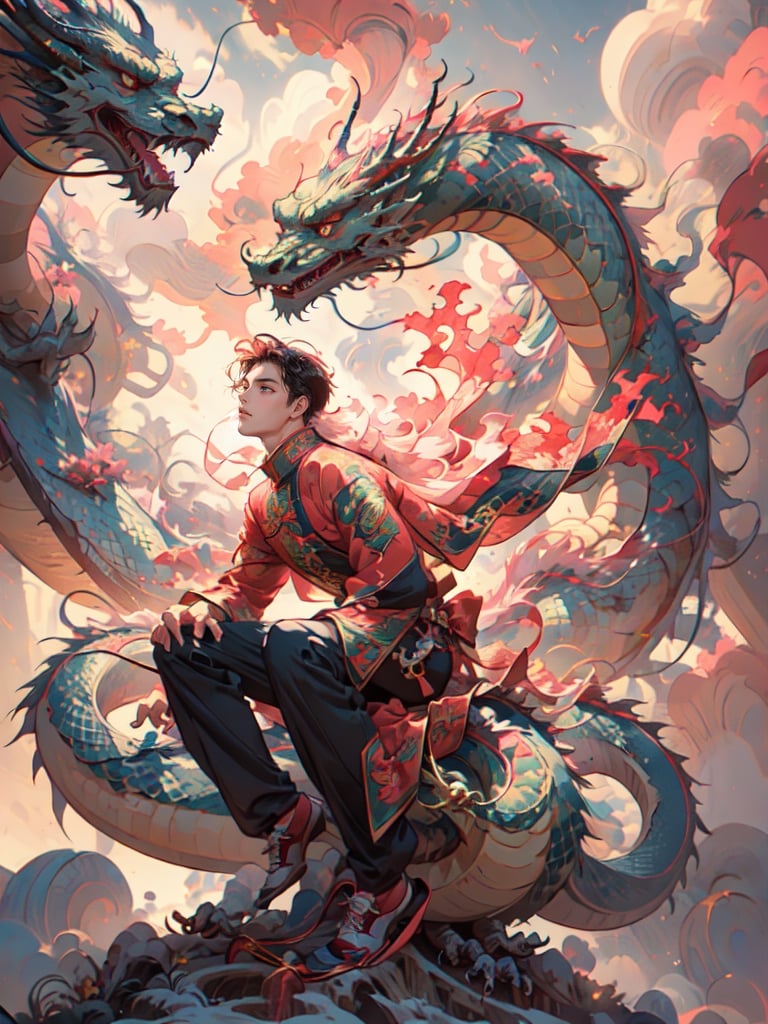 Oriental dragon, 1boy, solo, long hair, closed mouth, full body, floating hair, floating, metal,  mechanical body, mechanical,  dragon,complex background,  planet, dragon-themed, pink theme,  masterpiece, best quality, detailed face, air,