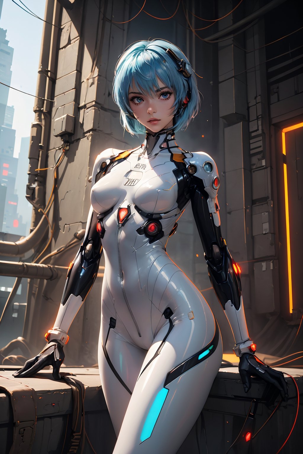 ((random sexy pose with open legs)), full body, (masterpiece),(Asuka) , perfect anatomy, (white bodysuit) (ultra detailed background of cyberpunk interior)), ((glowing shining crosses behind)) ,(light blue hair),Sexy Pose, color magic,girl,perfect,cyberpunk,Enhance, ayanami_rei,  interface headset