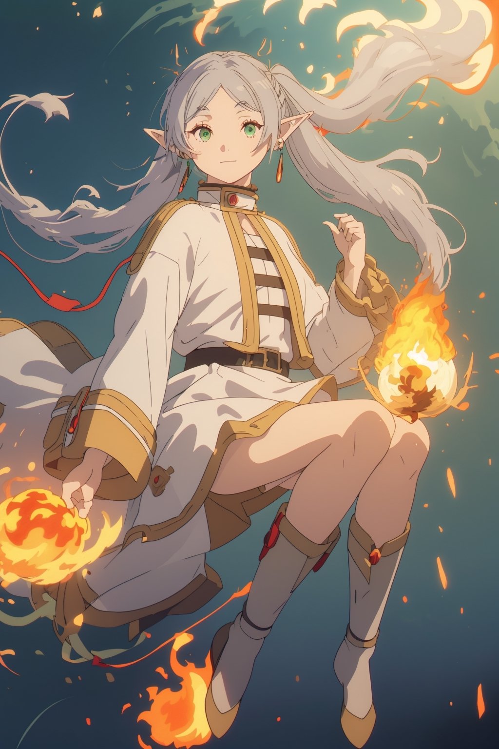 masterpiece , full body, (slightly smiling with closed mouth), ( frieren, green eyes, grey hair, parted bangs, long hair, twintails, pointy ears, dangle earrings),((anti-gravity in the air, fire elemental magic)), frieren, levitation , elemental magic 