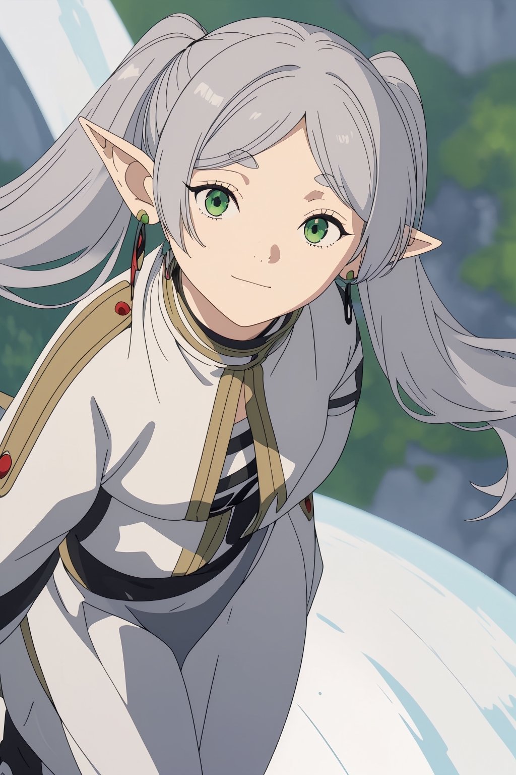 masterpiece , slightly smiling with closed mouth, ( frieren, green eyes, grey hair, parted bangs, long hair, twintails, pointy ears, dangle earrings),((anti-gravity in the air)), frieren, levitation 