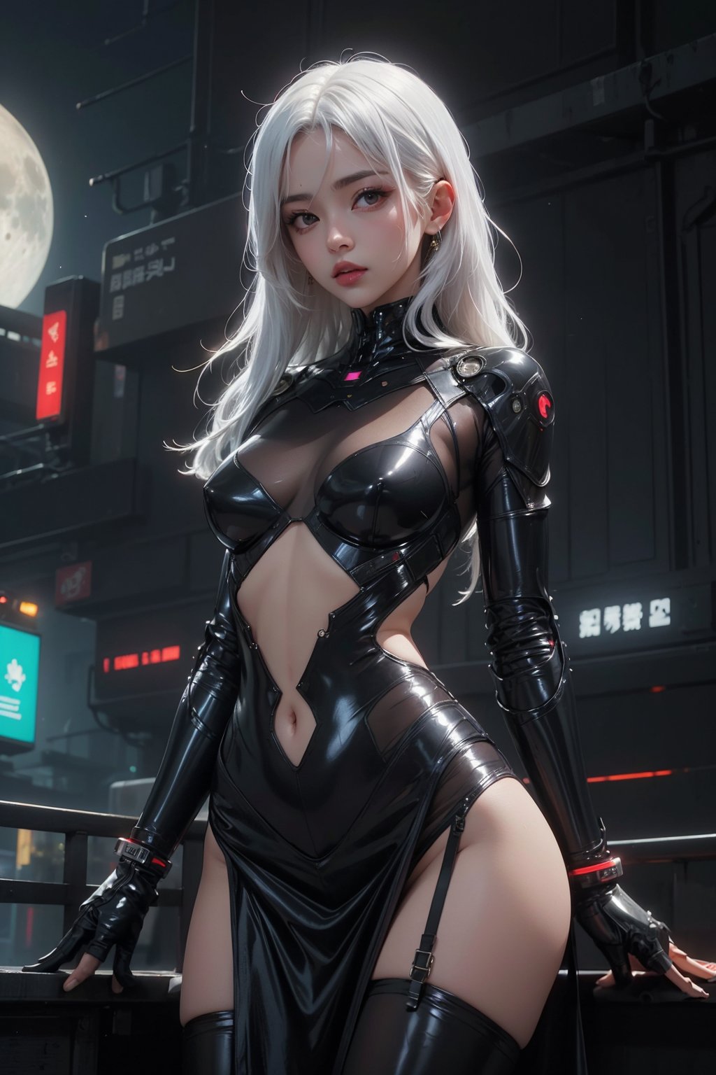 Sexy Pose, (masterpiece+best quality),(solo), 1 Japanese Girl, white hair ,  (high sexual attraction,long hair), in the dark night, (wearing sexy black transparent plastic Indian dress + body implants) , moon , highly detailed background of ancient Indian achitechture+with neon lights ,ink,Cyberpunk,Enhance