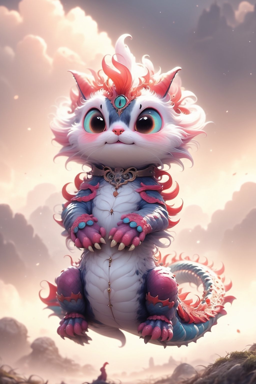 complex background,cute cat and dragon fusion creature, floting on the sky, h4l0w3n5l0w5tyl3DonMD4rk