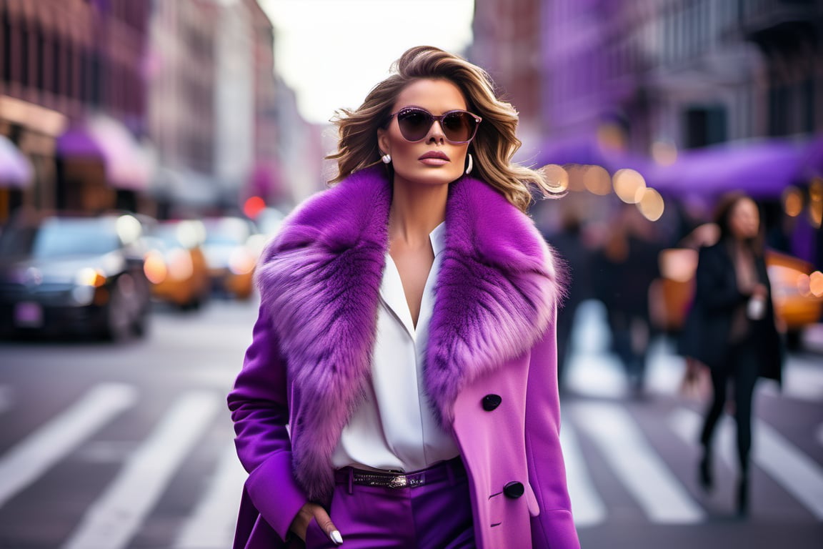 A stunning masterpiece of fashion photography: A full view of beautiful woman stands proudly on a bustling city sidewalk, ultra wide angle, day light, wearing a stunning pinkish purple coat with a luxurious fur collar that matches her bold pant suit. Her white skin glows beneath her brown hair, which falls softly over her shoulders. Black sunglasses add a touch of sophistication to her gaze. The vibrant purple attire pops against the muted tones of the urban landscape, where pedestrians hurry by in the background. Extreme detail brings every aspect of this stylish scene to life.
