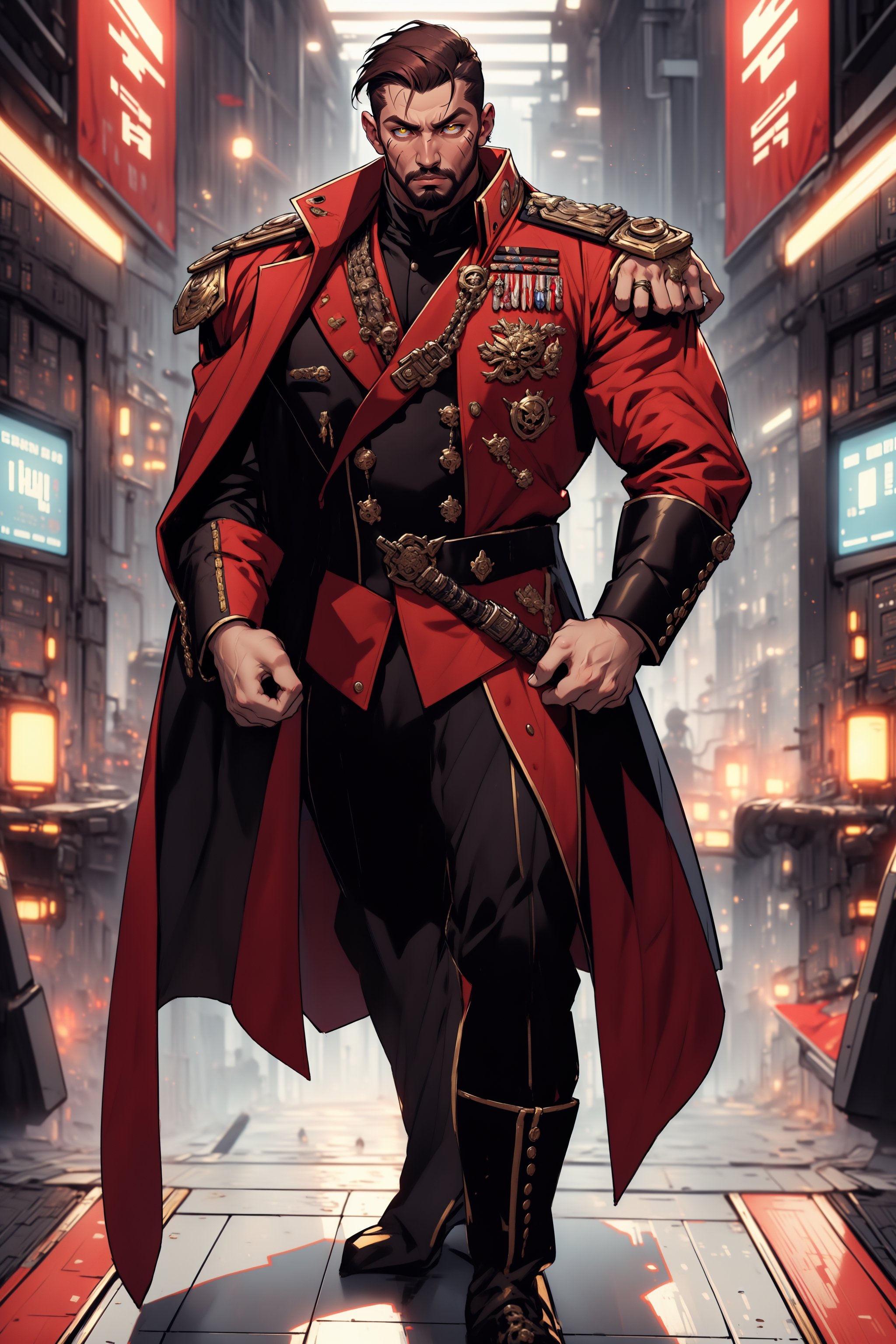 A full-body concept illustration of a single male individual in the style of an officer of the Imperial Guard the Warhammer 40000 franchise. He is a an bulky male science fiction fantasy soldier in a tan sci-fi army officer's outfit with elements of the age of sail and bare arms.  He has short scruffy brown hair and a beard. He has striking yellow eyes with pronounced dark rings under them. He is of towering height. he is overly muscled like a body builder. His tan The Imperial Guard outfit of the Warhammer 40000 franchise is predominately tan. The Imperial Guard Outfit of the Warhammer 40000 franchise has an oversized military leather greatcoat  has gold epaulets and gold trim and red cuffs as well as red liner. His outfit has several gold skulls. His uniform has an excessive number of medals and ribbons as well as skull like decorations. His uniform shows his bare muscled tatooed arms. The futuristic brightly lit background is both complex and detailed, complex_background, detailed_background,Pirate,Science fiction, bodybuilder, large_muscles, square_jaw, biceps, long_coat