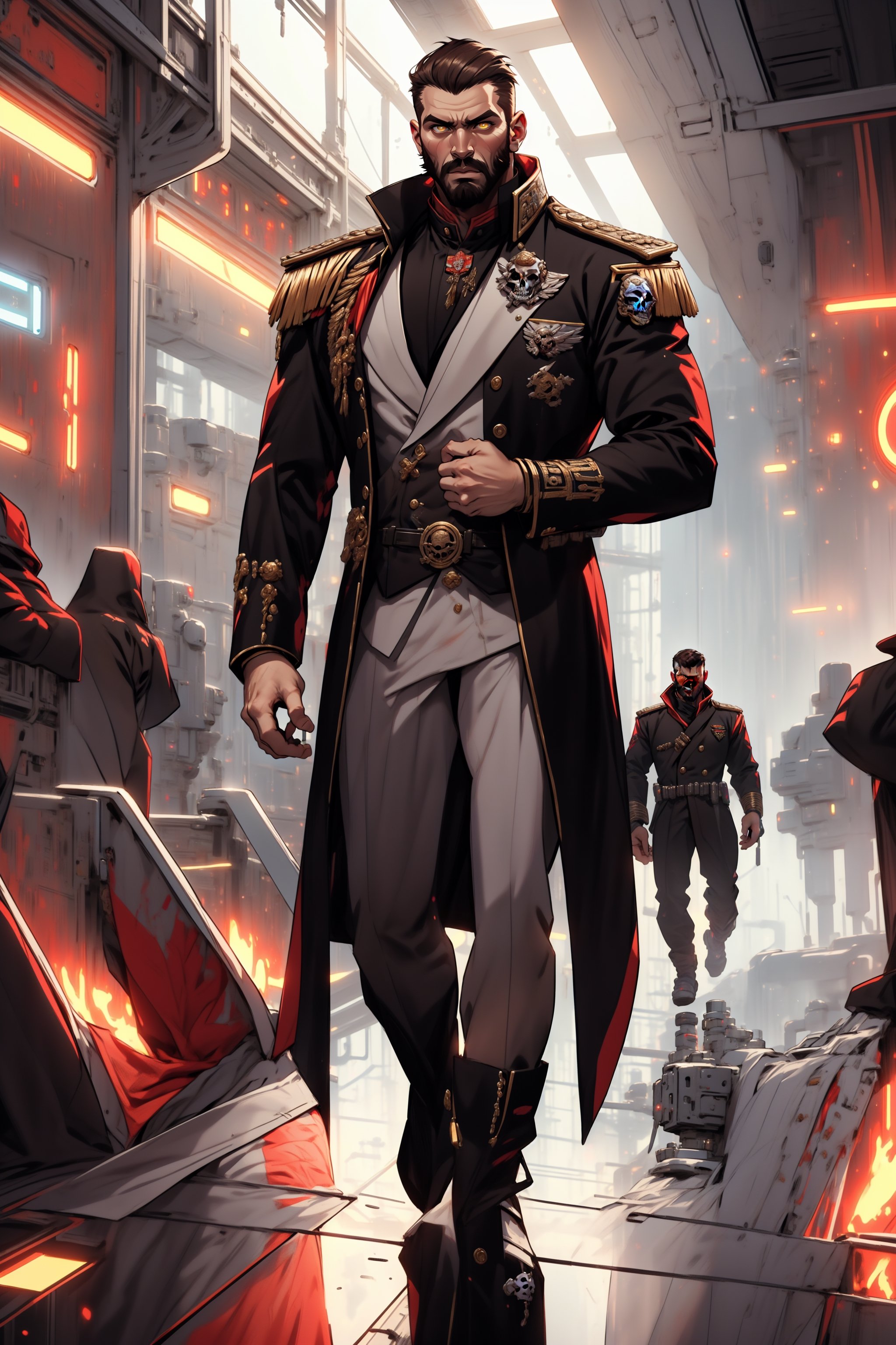 A full-body concept illustration of a single male individual in the style of an officer of the Imperial Guard the Warhammer 40000 franchise. He is a an bulky male science fiction fantasy soldier in a tan sci-fi army officer's outfit with elements of the age of sail and bare arms.  He has short scruffy brown hair and a beard. He has striking yellow eyes with pronounced dark rings under them. He is of towering height. he is overly muscled like a body builder. His tan The Imperial Guard outfit of the Warhammer 40000 franchise is predominately tan. The Imperial Guard Outfit of the Warhammer 40000 franchise has an oversized military leather greatcoat  has gold epaulets and gold trim and red cuffs as well as red liner. His outfit has several gold skulls. His uniform has an excessive number of medals and ribbons as well as skull like decorations. His uniform shows his bare muscled tatooed arms. The futuristic brightly lit background is both complex and detailed, complex_background, detailed_background,Pirate,Science fiction, bodybuilder, large_muscles, square_jaw, biceps, long_coat