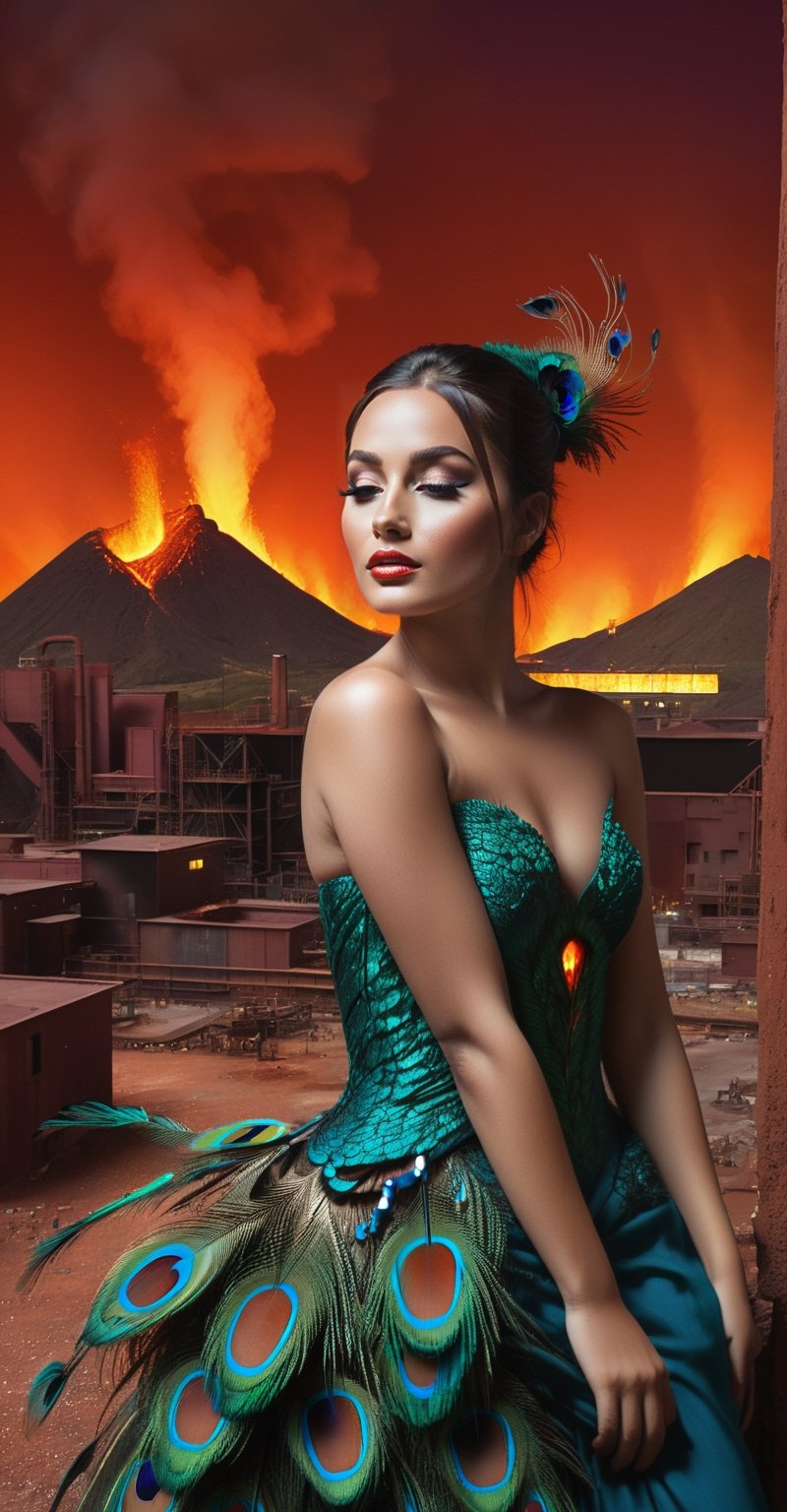 A youthful girl's form slowly contorts and expands, feathers sprouting from her arms and torso as she morphs into a majestic peacock. Against a rich, volcanic backdrop of crimson and burnt orange hues, the Alboca glass manufacturing facility hums in the background. Gigapascal pressure vessels glow with an eerie uranium green light, casting an otherworldly ambiance on the scene. The raw, photorealistic depiction captures the surreal moment with unflinching accuracy.,Illustration,Sexy Toon,facial expression