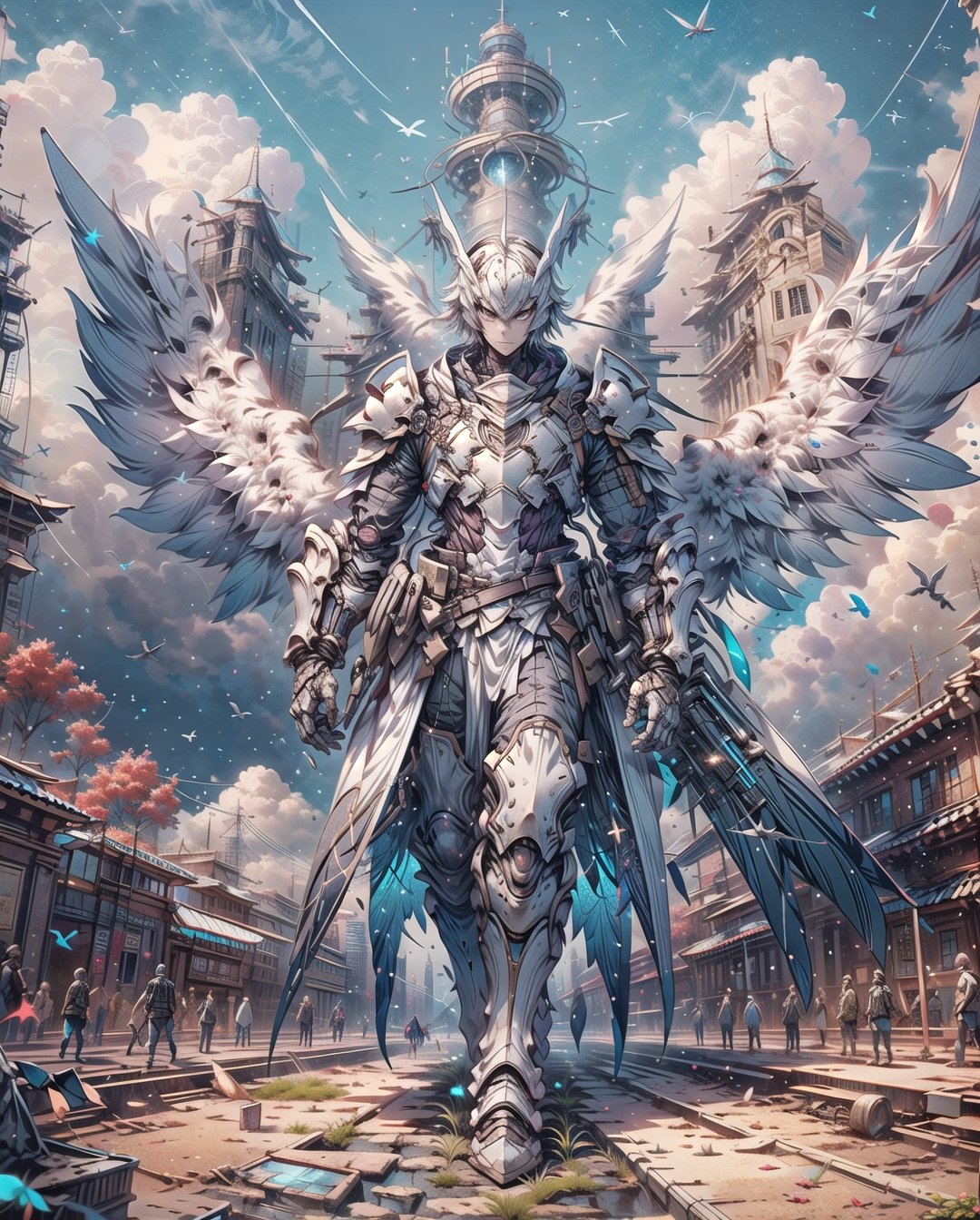 Medieval equipment,  left man and right woman, knights (ensemble stars!),armor, wings, sky,white armor, cloud, outdoors, angel wings, bird,blend, medium shot, bokeh,outdoors, open grassland, symmetrical composition, low-angle shooting, zoom in, the most beautiful image I have ever seen, wide angle , distant view, looking up, combat scene, action_pose