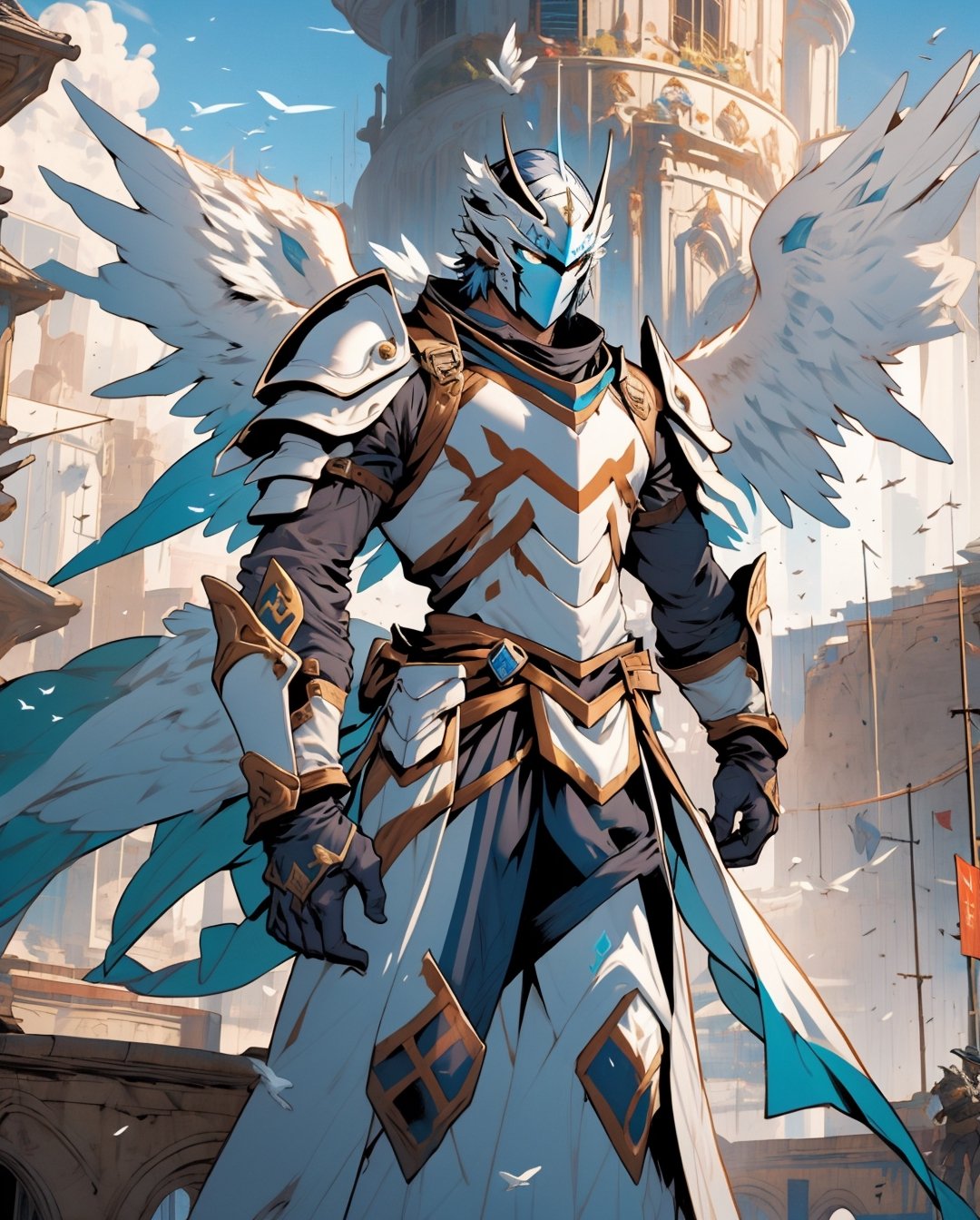 Medieval equipment,  left man and right woman, knights (ensemble stars!),armor, wings, sky,white armor, cloud, outdoors, angel wings, bird,blend, medium shot, bokeh, combat scene, action_pose,comic_book_cover