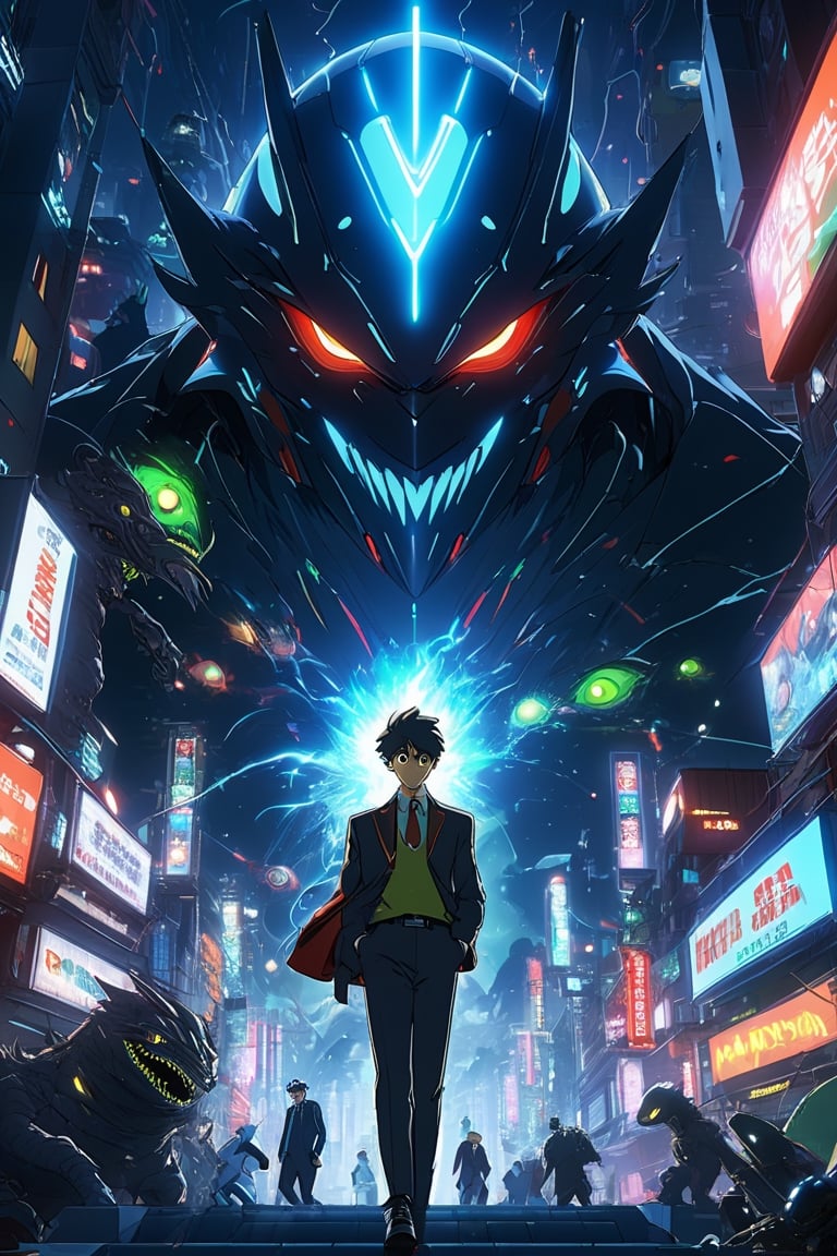  poster,close portrait, [nime, colorfull, boy in business suit, Cyber--boy surounded by creepy ugly disturbed monsters, cyberpunk city,light explosion, psychedelic, creative, niji anime, neons, 3d anime art, complex detailing, high detailed, high_res,Monster ], very_high_resolution,  close angle view, danknis, sooyaaa , IMGFIX

, , ,niji style,ghibli style,sooyaaa