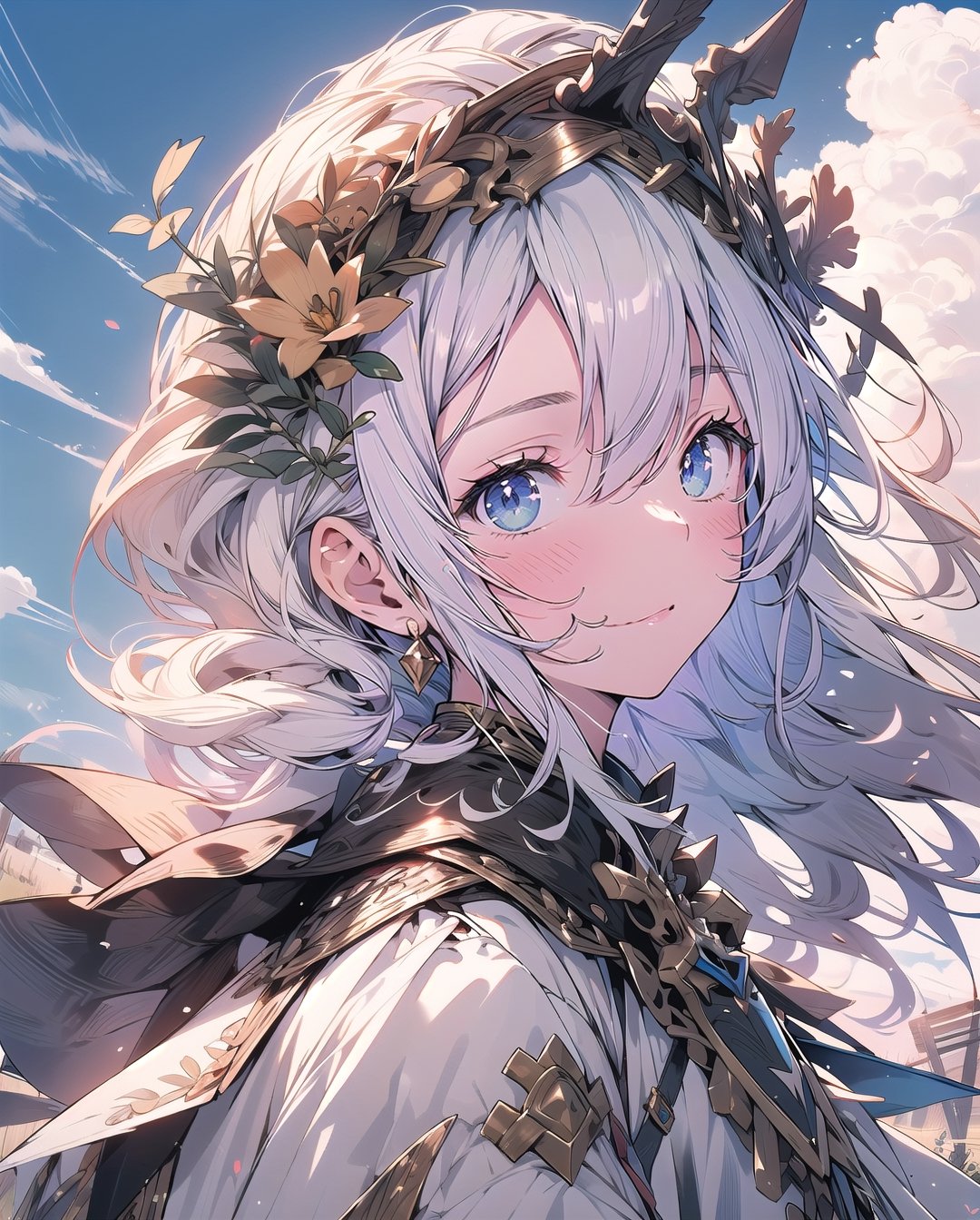 granblue_fantasy, medieval, fantasy, (blue sky and white clouds background), 1 male knight on the left, 1 female knight on the right, outdoors, open grassland, symmetrical composition, low-angle shooting, zoom in, the most beautiful image I have ever seen