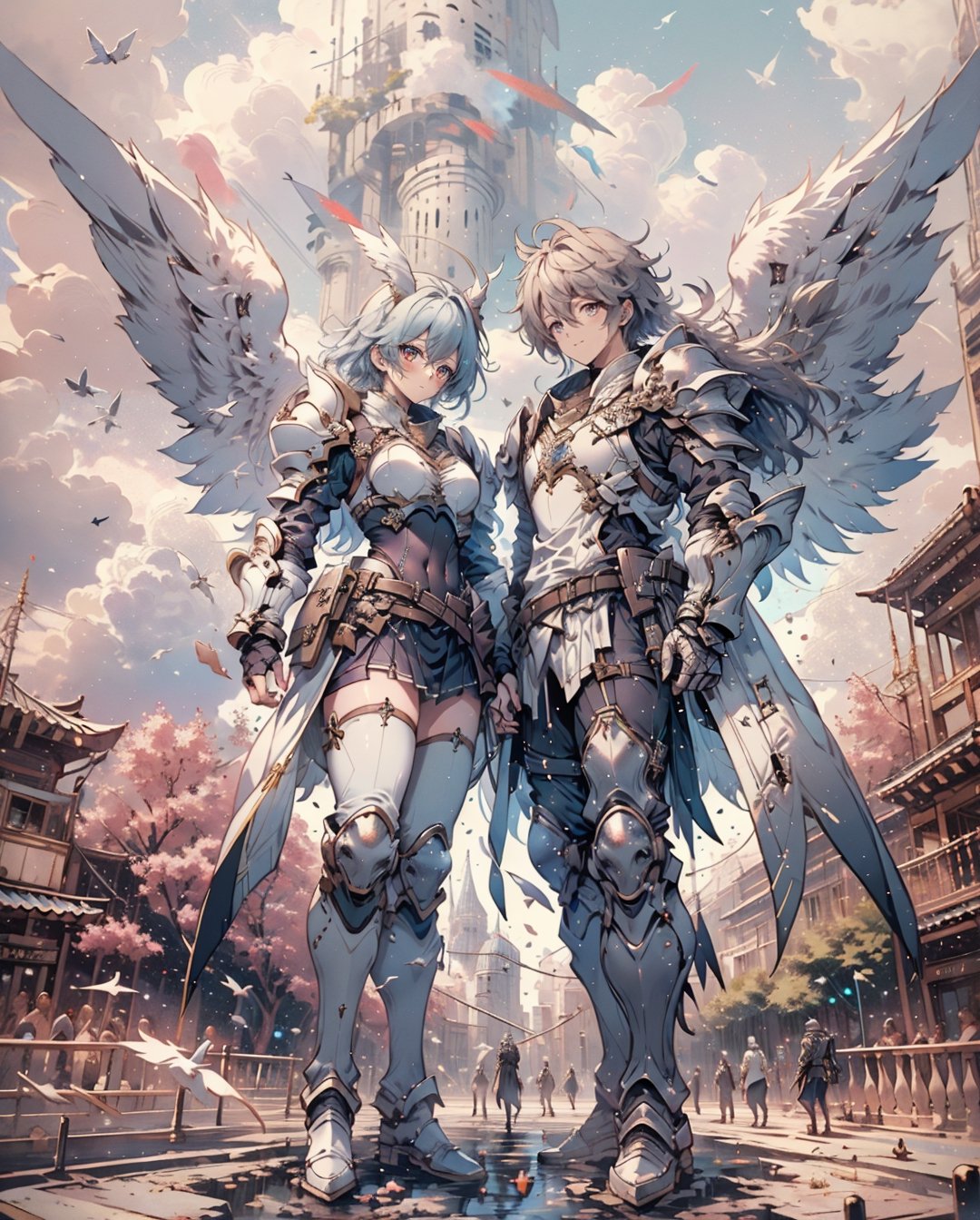 Medieval equipment,  left man and right woman, knights (ensemble stars!),armor, wings, sky,white armor, cloud, outdoors, angel wings, bird,blend, medium shot, bokeh, action_pose,fantasy00d,combat scene,