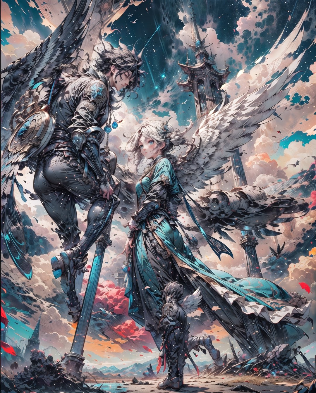 Medieval equipment,  left man and right woman, knights (ensemble stars!),armor, wings, sky,white armor, cloud, outdoors, angel wings, bird,blend, medium shot, bokeh