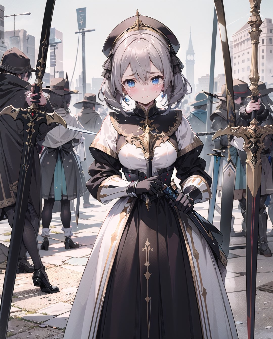 Medieval equipment,girl, knights,armed,Holding swords in one hand,serious (ensemble stars!),sad_face,shed tears,, wide angle , distant view, looking up