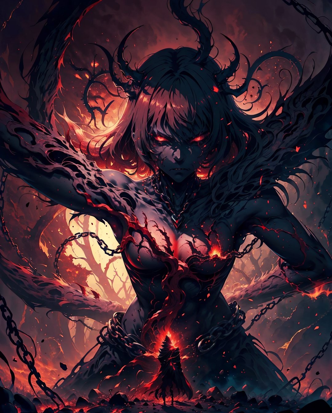 (Anime-style:1.3), (Dark and intense:1.2), A striking anime character, shrouded in shadows and poised for battle, stands against a deep crimson background adorned with menacing chains. Glowing red hollow fire particles dance around the scene, creating an otherworldly ambiance. The unique pastel look adds an ethereal touch to this dramatic and visually intense composition.,fantasy00d