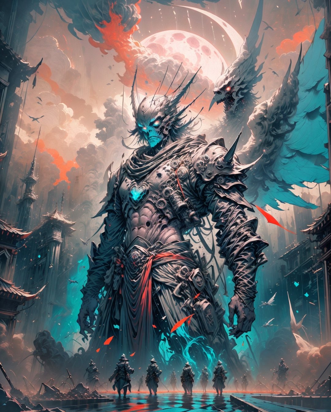 armor, wings, sky, angel, cloud, full armor, outdoors, halo, angel wings, bird,blend, medium shot, bokeh, (hdr:1.4), high contrast, (cinematic, teal and orange:0.85), (muted colors, dim colors, soothing tones:1.3), low saturation,In a realm shrouded in eternal twilight, a hauntingly surreal scene unfolds. An army of 100,000 soldiers, battle-hardened and weary, stands tall amidst a desolate landscape of blood-soaked earth and scattered bones. The weight of their collective presence is suffocating, their expressions a tapestry of pain and sorrow etched into their faces.

Leading this formidable army is a colossal man, a towering figure with an aura of somber determination. His presence instills both fear and awe, as he is a living embodiment of relentless power and unyielding purpose.

The sky above churns in a deep, foreboding red, mirroring the bloodshed below. The moon, a haunting specter, takes the form of a skull with fiery eyes, casting an eerie glow upon the scene. Its macabre stare seems to pierce the very souls of those unfortunate enough to witness this dread tableau.

Amidst the grim landscape, the only signs of life are the ravens, dark and ominous, feasting upon the corpses strewn across the battlefield. Their shadowy forms flit through the air like harbingers of death, weaving an ominous dance among the fallen.

The scene is masterfully captured in a medium shot, drawing viewers into the heart of the desolation. The use of bokeh adds an ethereal quality to the atmosphere, blurring the edges of the macabre scene, creating an almost dreamlike vision of horror and despair.

An HDR blend intensifies the contrast, highlighting the stark duality of the situation - beauty and horror coexisting in a delicate balance. The cinematic teal and orange color grading imbues the scene with an otherworldly quality, making it feel like a haunting vision from another realm.

The muted and dim colors, along with soothing tones, lend an air of melancholy to the scene, allowing viewers to empathize with the soldiers' plight and their harrowing journey.

Despite the low saturation, the emotions in the soldiers' eyes and the sweeping landscapes are vividly conveyed. Each soldier carries a burden of sacrifice and duty, their spirits intertwined with the fate of the realm they protect.

In "Harbingers of Desolation," viewers are transported to a world where hope dwindles, and the inevitability of death looms large. The juxtaposition of grandeur and despair prompts contemplation of the human condition and the cost of war. As the soldiers await their fate, the audience is left to ponder the fragile nature of existence and the sacrifices made in the name of duty and honor.
Écrire à Melek Benrbah, weapon, dark background,water,yushuishu,angel_wings,fantasy00d,horror (theme),weapon