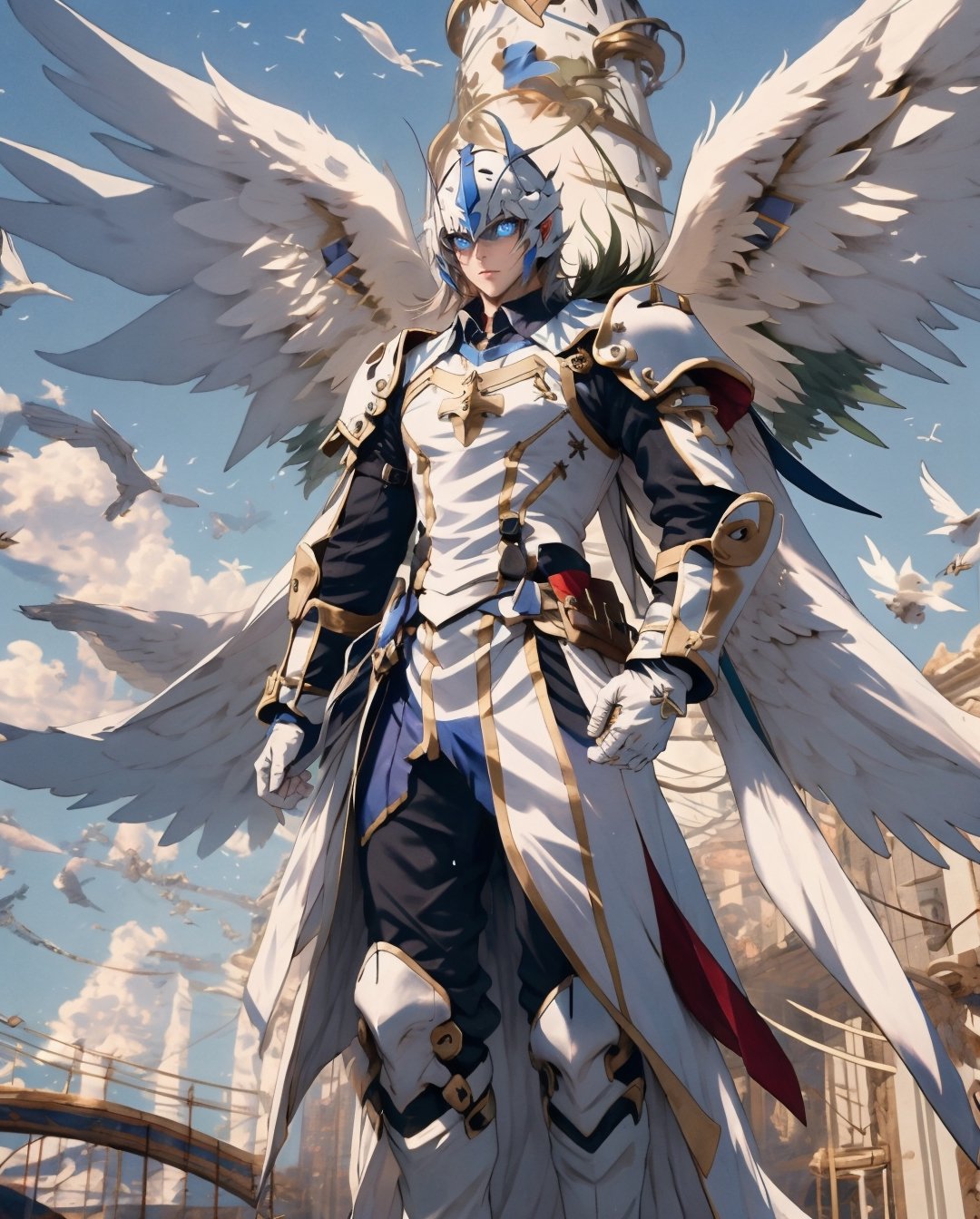 Medieval equipment,  left man and right woman, knights (ensemble stars!),armor, wings, sky,white armor, cloud, outdoors, angel wings, bird,blend, medium shot, bokeh, combat scene, action_pose