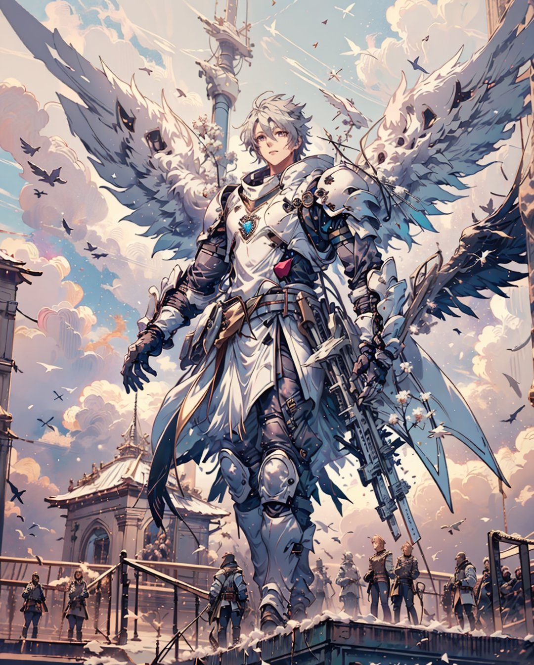 Medieval equipment,  left man and right woman, knights (ensemble stars!),armor, wings, sky,white armor, cloud, outdoors, angel wings, bird,blend, medium shot, bokeh, combat scene, action_pose,1boy,fantasy00d,s4suk3