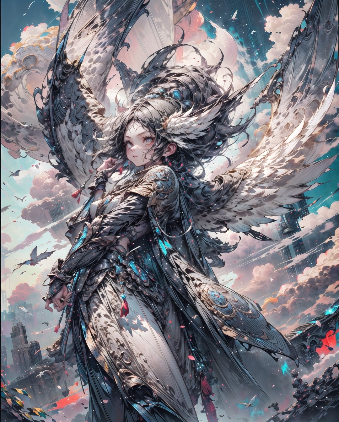 armor, wings, sky,white armor, cloud, outdoors, angel wings, bird,blend, medium shot, bokeh