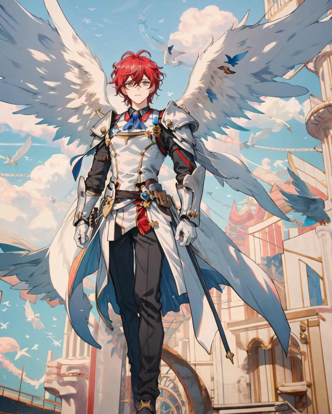 Medieval equipment,  left man and right woman, knights (ensemble stars!),armor, wings, sky,white armor, cloud, outdoors, angel wings, bird,blend, medium shot, bokeh,1boy