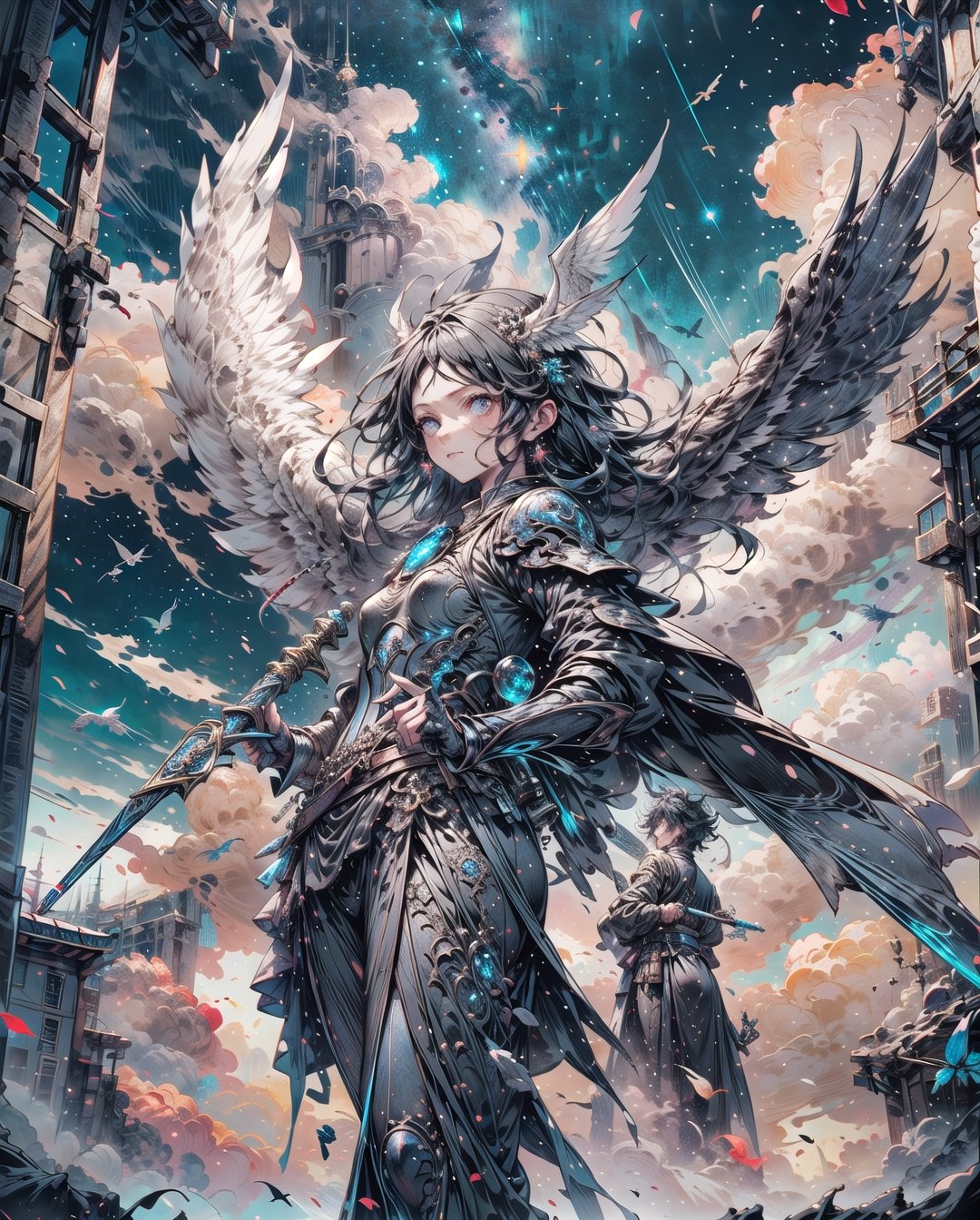 Medieval equipment,  left man and right woman, knights (ensemble stars!),armor, wings, sky,white armor, cloud, outdoors, angel wings, bird,blend, medium shot, bokeh