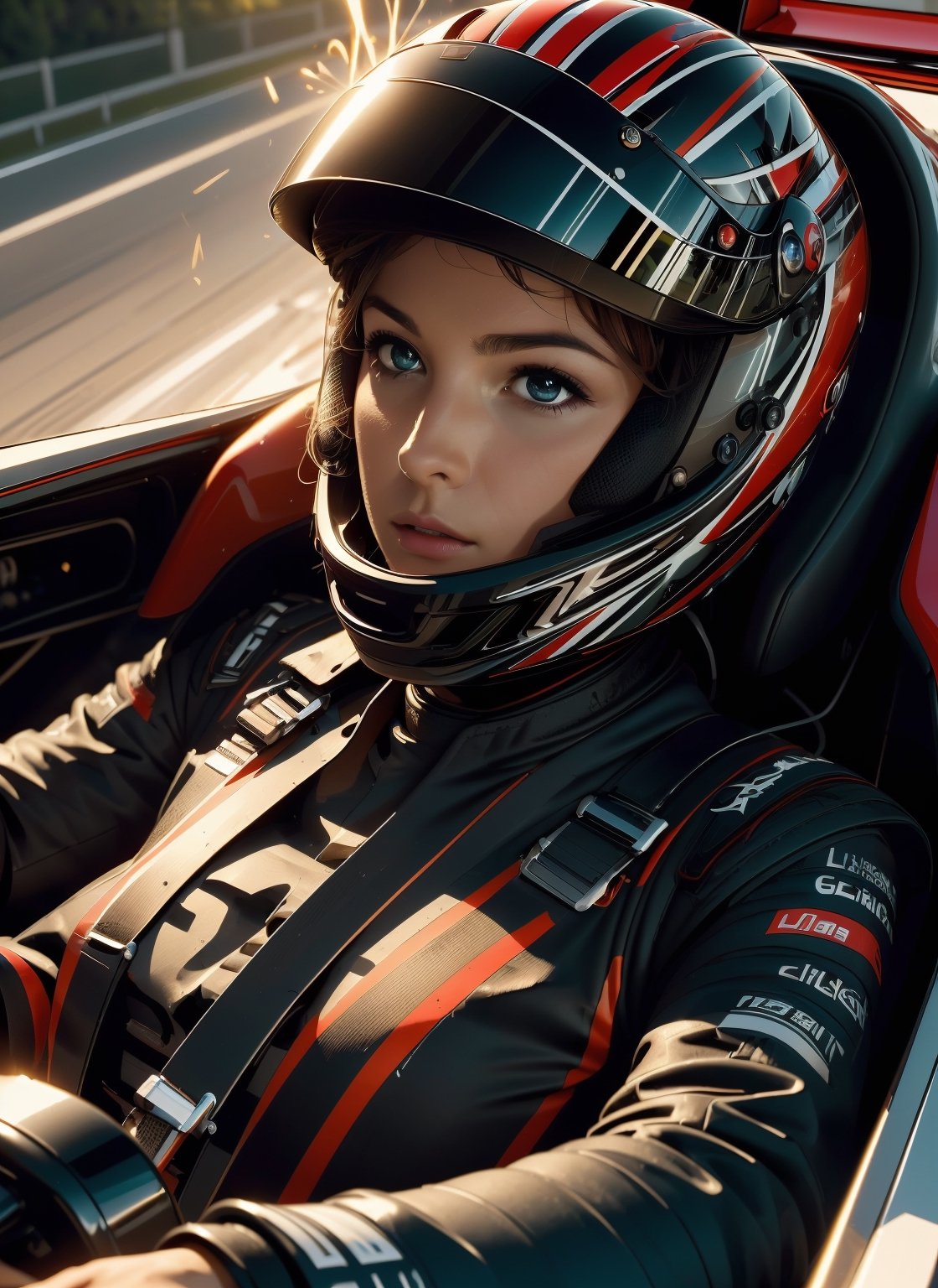 (((masterpiece))), (((best quality))), (((driving a formula racing))), ((fingers on steering wheel)), sitting on driver's seat with full speed, sharp eyes, determined, ((helmet)), ((black red uniform)), (((speed lines))), ((electricity)), ((spiral wind)), solo, 1girl, most beautiful, big tits, sweat, slim figure, lora:girllikeformularacing:1
